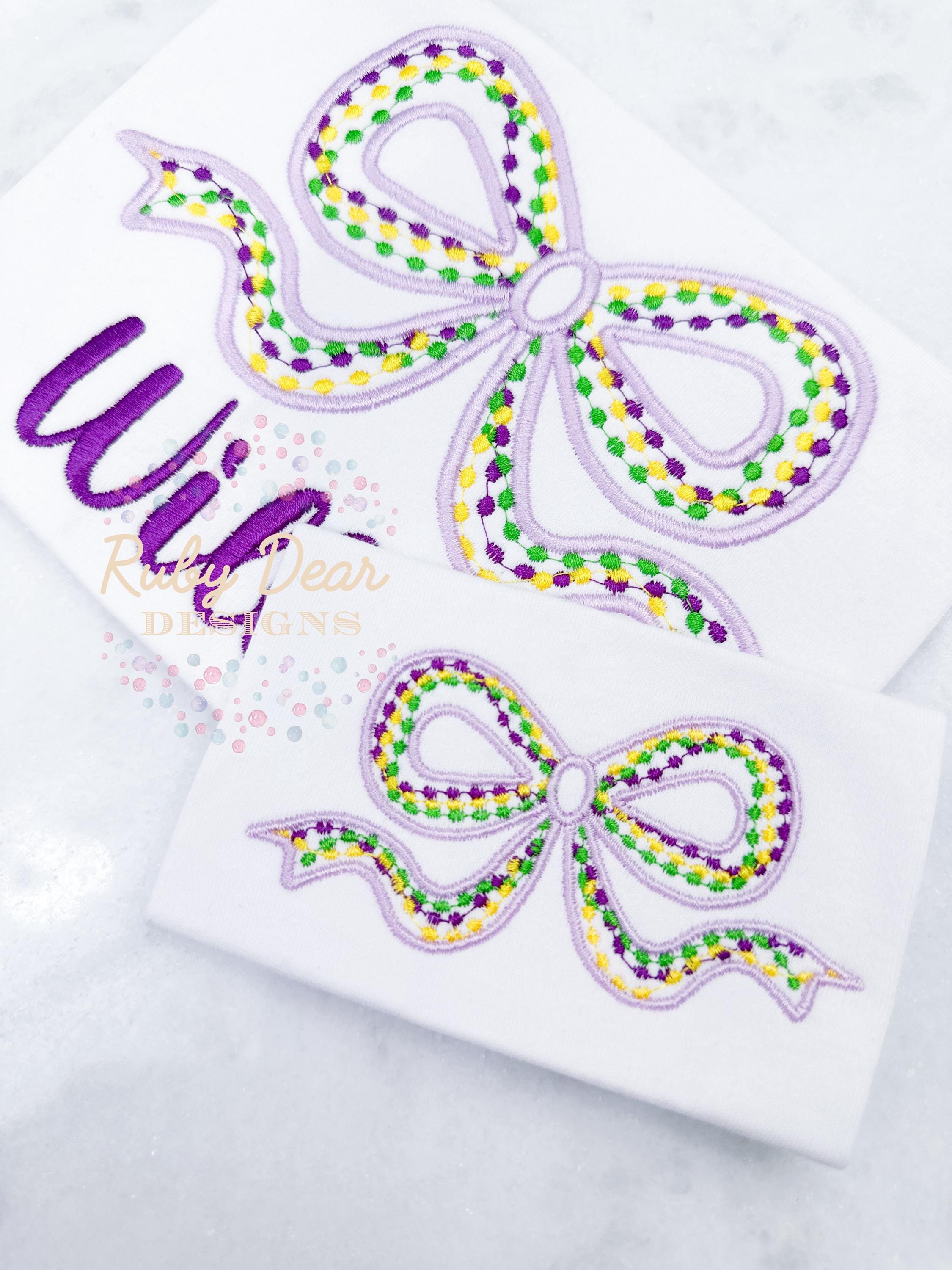 Mardi Gras Beads Bow Satin Outline Machine Embroidery Design