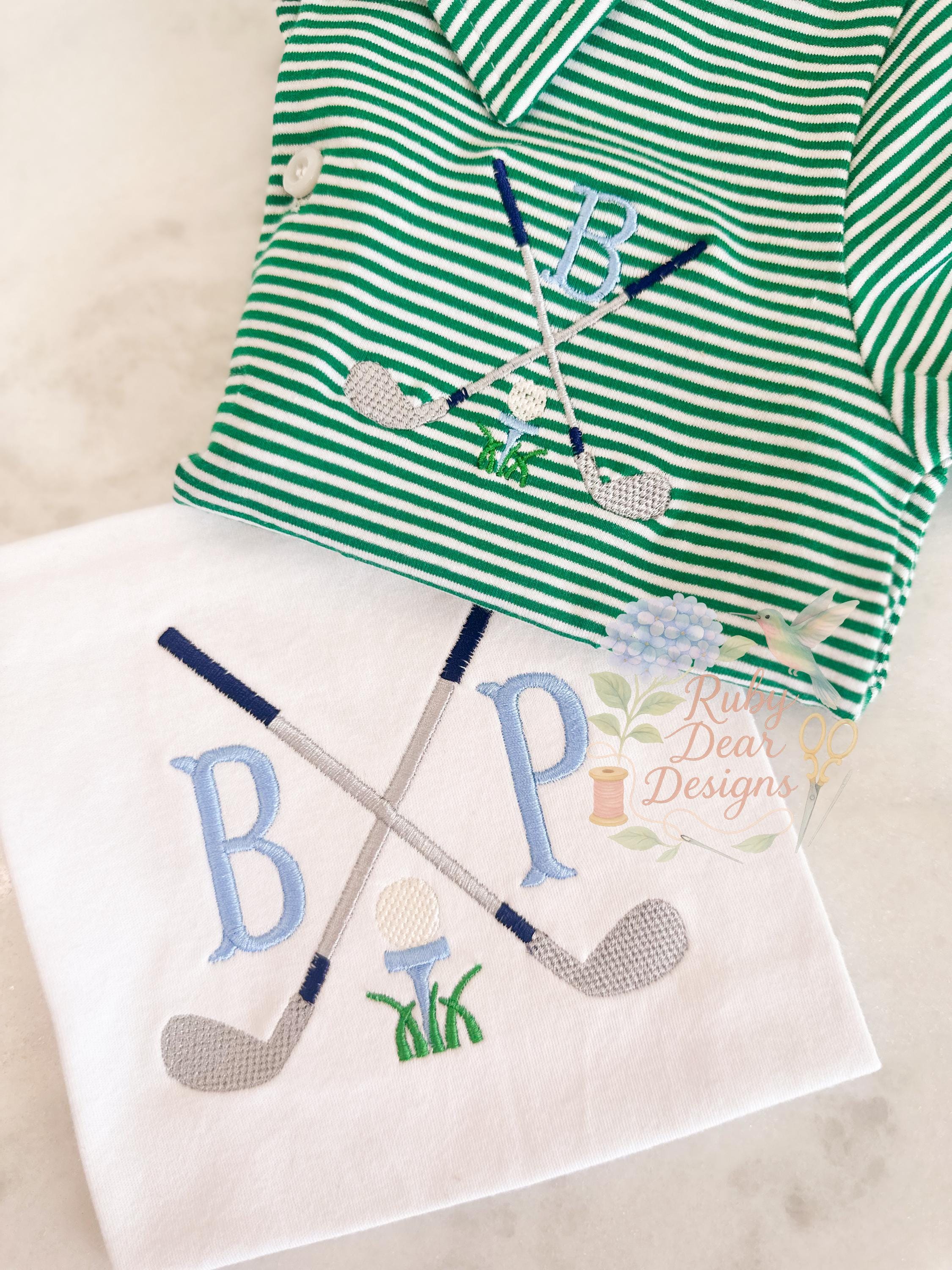 Golf Clubs with Ball and Tee Satin and Fill Stitch Machine Embroidery Design
