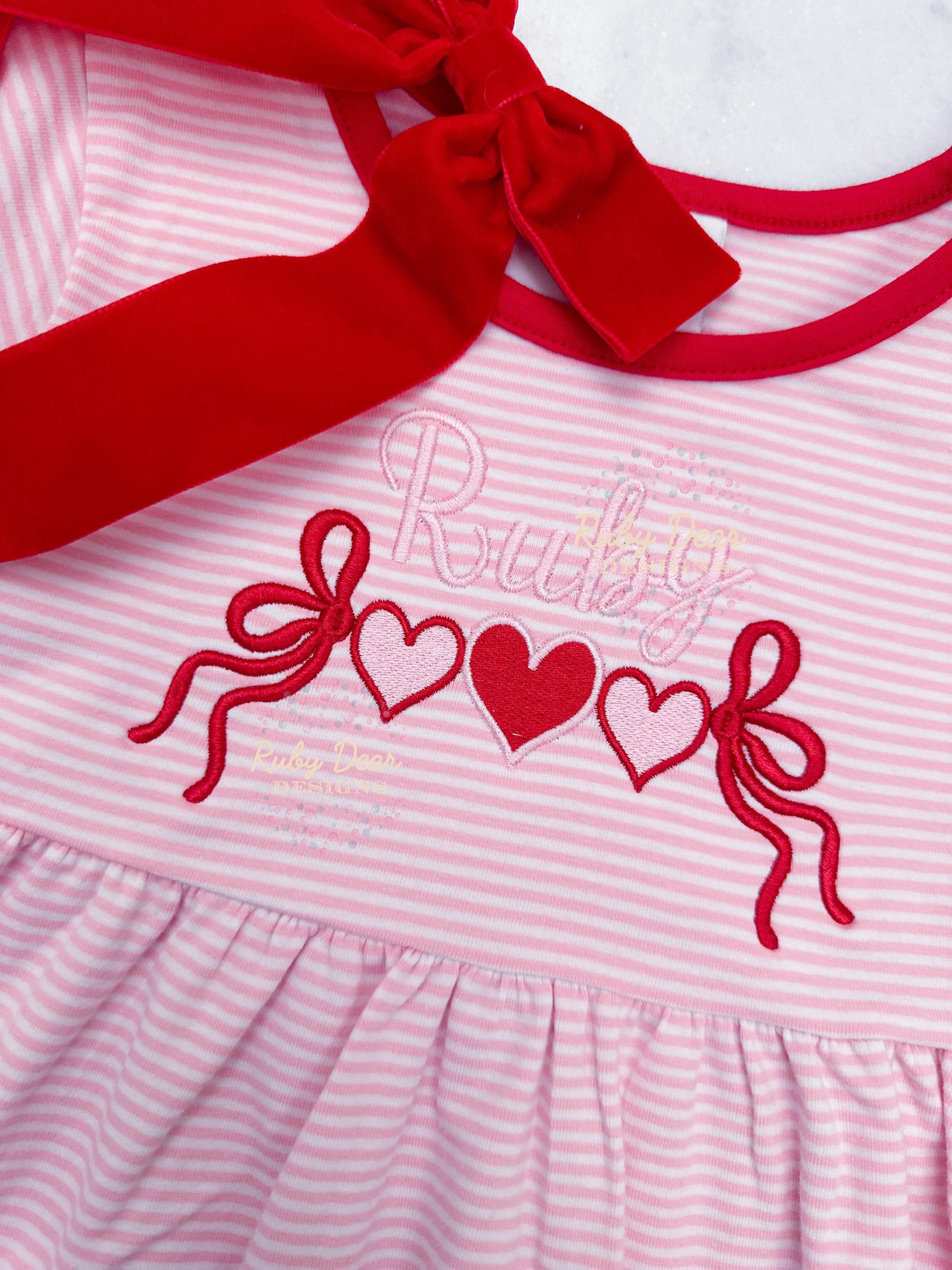 Valentine's Heart Trio with Bows Satin and Fill Stitch Machine Embroidery Design