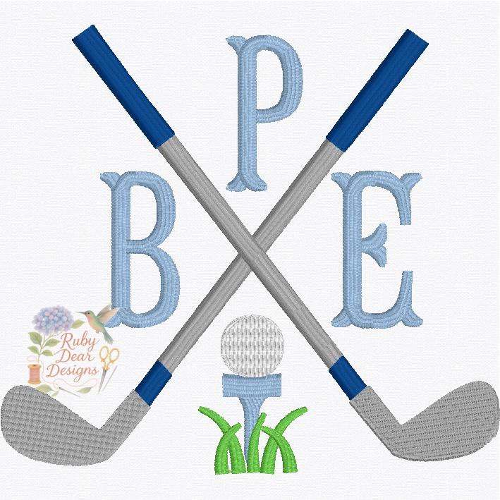 Golf Clubs with Ball and Tee Satin and Fill Stitch Machine Embroidery Design