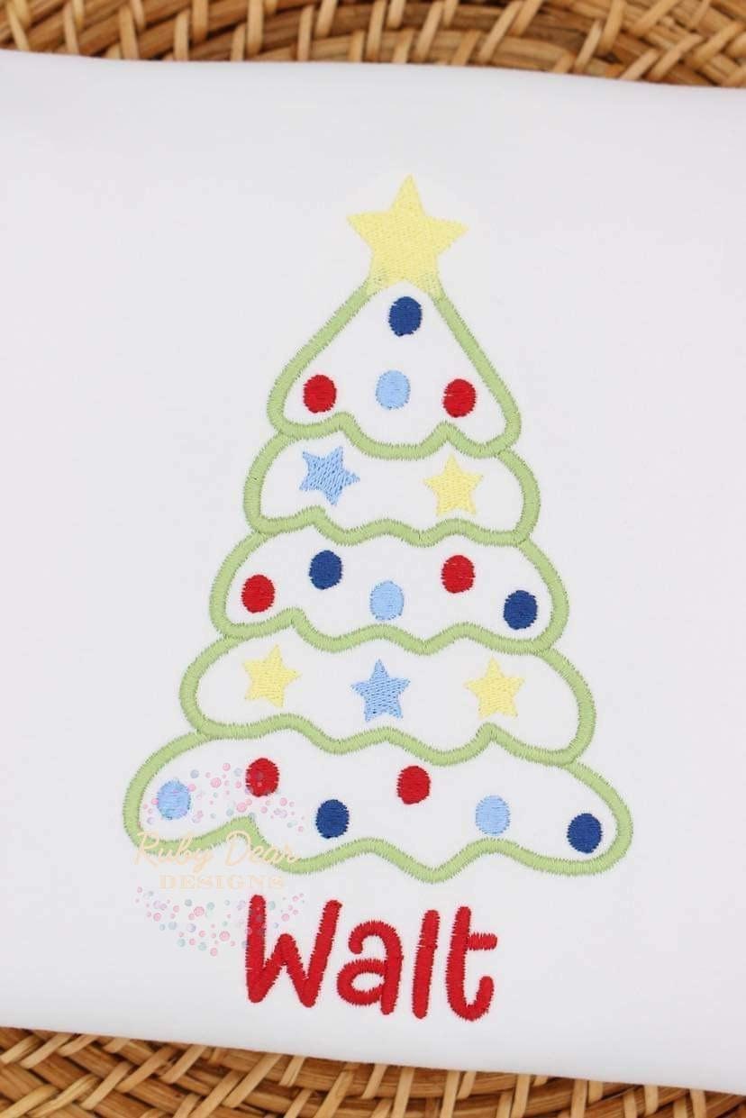 Christmas Tree with Stars Outline Satin Stitch Machine Embroidery Design