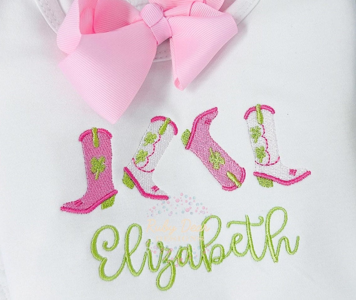 St. Patrick's Cowgirl Boot Row Fill and Satin Stitch Machine Embroidery Design