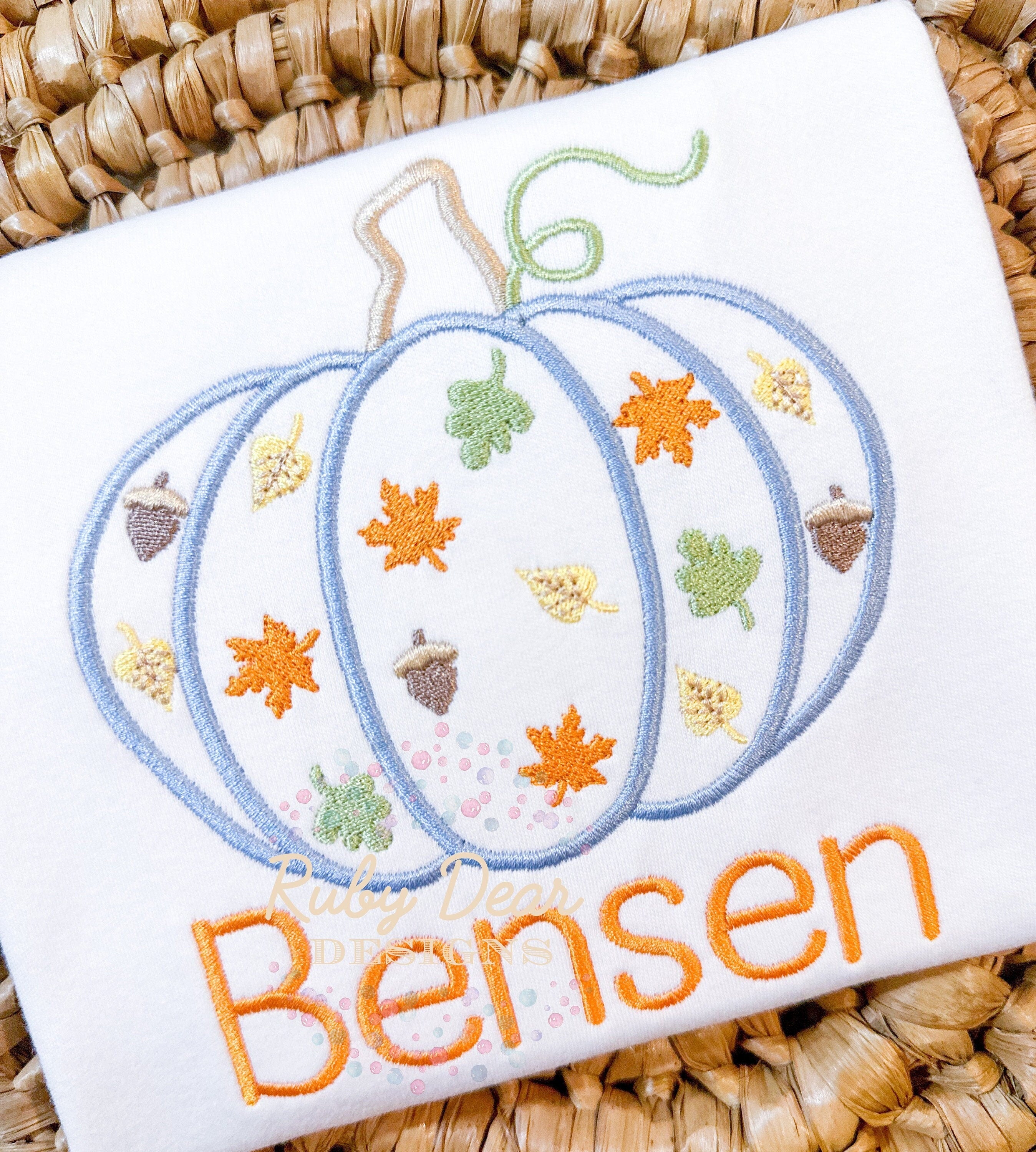 Pumpkin with Fall Leaves and Acorn Satin and Fill Stitch Machine Embroidery Design