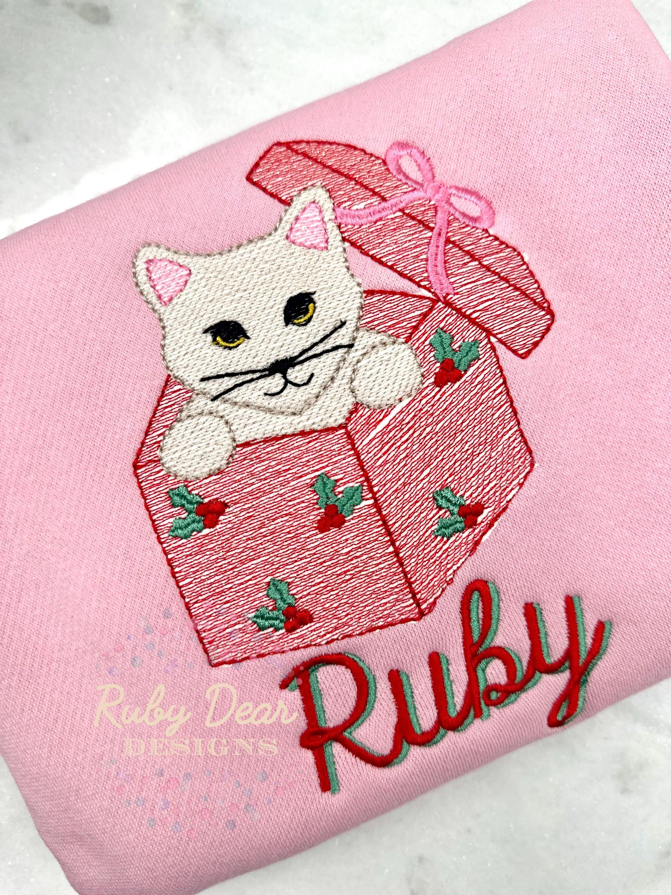 Kitty Christmas Gift Box with Holly Berry Accents Sketch and Satin Stitch Machine Embroidery Design