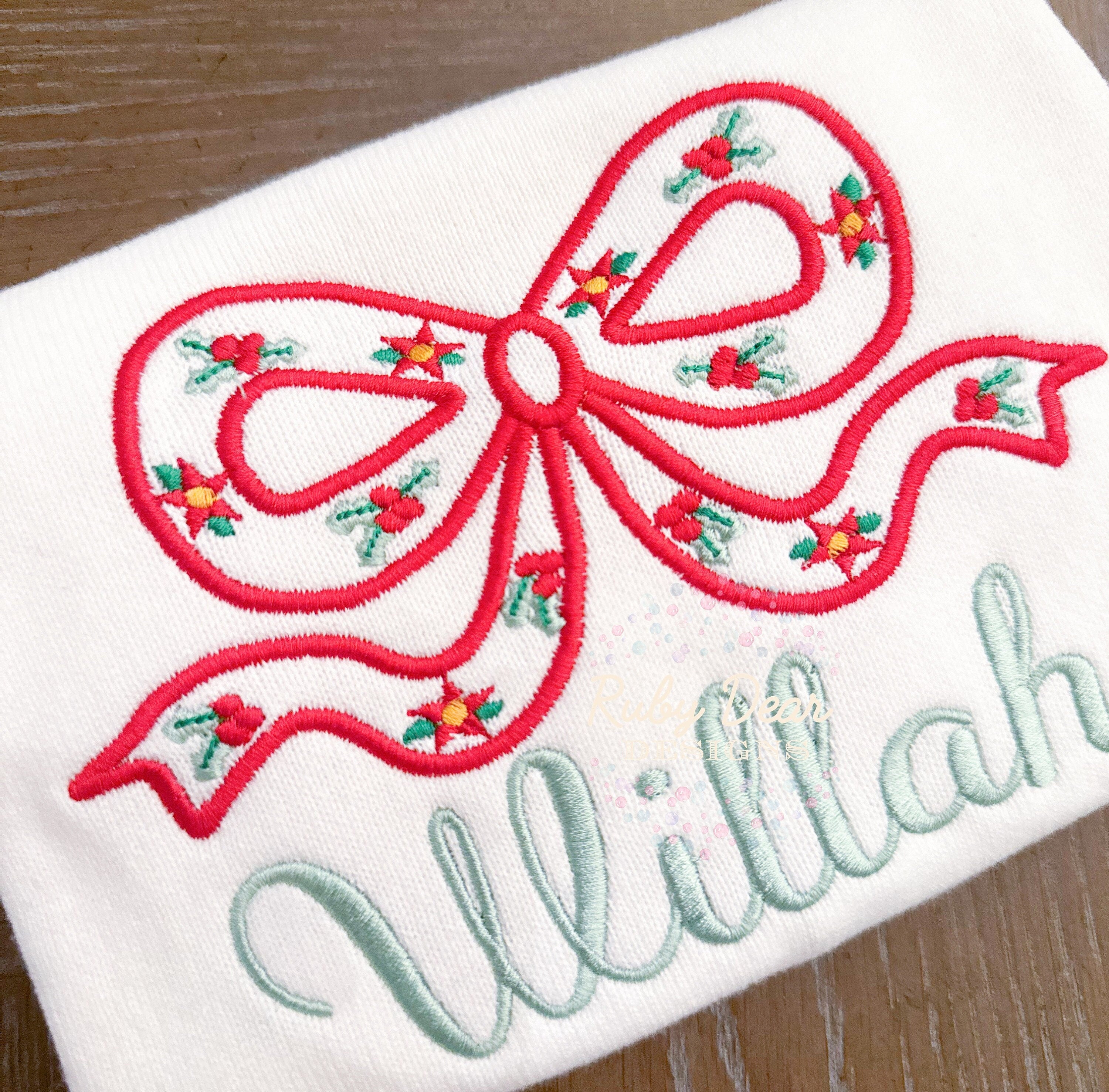 Christmas Bow Silhouette with Holly and Poinsettias Satin Stitch Machine Embroidery Design