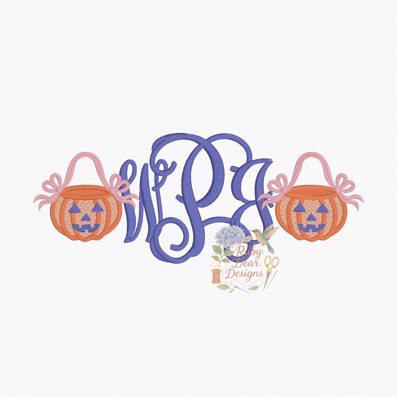 Jack O Lantern Mini with Ribbon and Bows Handle Sketch with Satin Stitch Machine Embroidery Design
