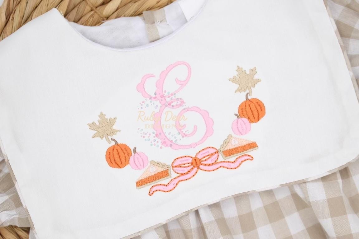 Pumpkin Pie Fall Leaf Bow Monogram Frame Satin Fill Bean Stitch Machine Embroidery Design