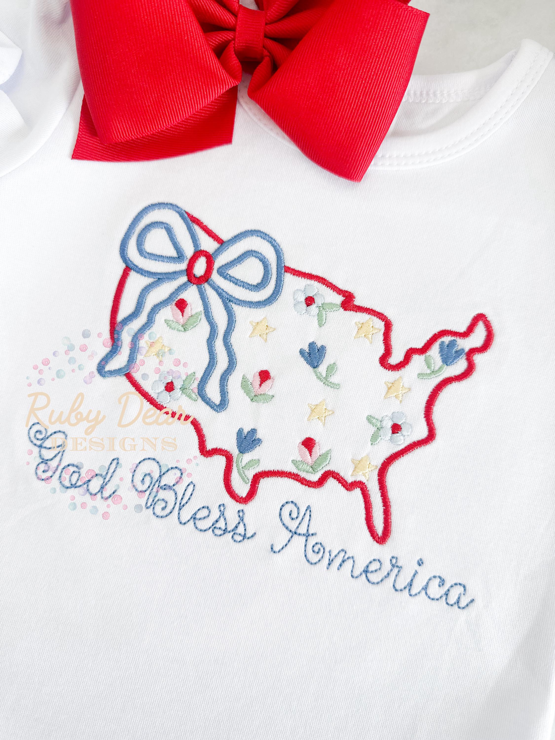 America July 4th Patriotic Outline with Florals and Stars Satin Stitch Machine Embroidery Design