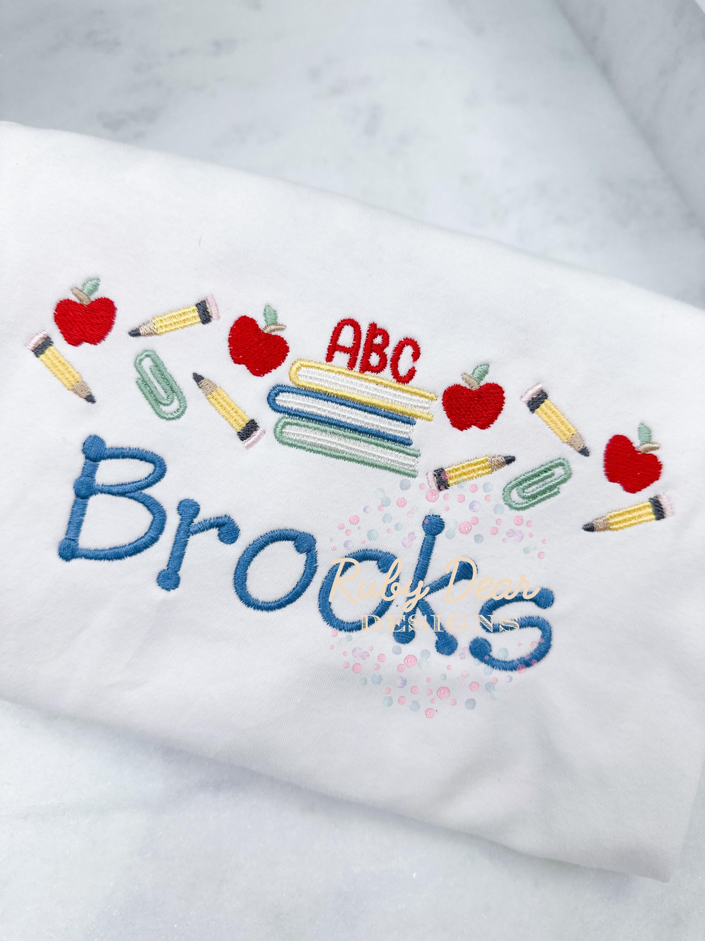Back To School Book Stack School Supplies and Apples Row Satin and Fill Stitch Machine Embroidery Design