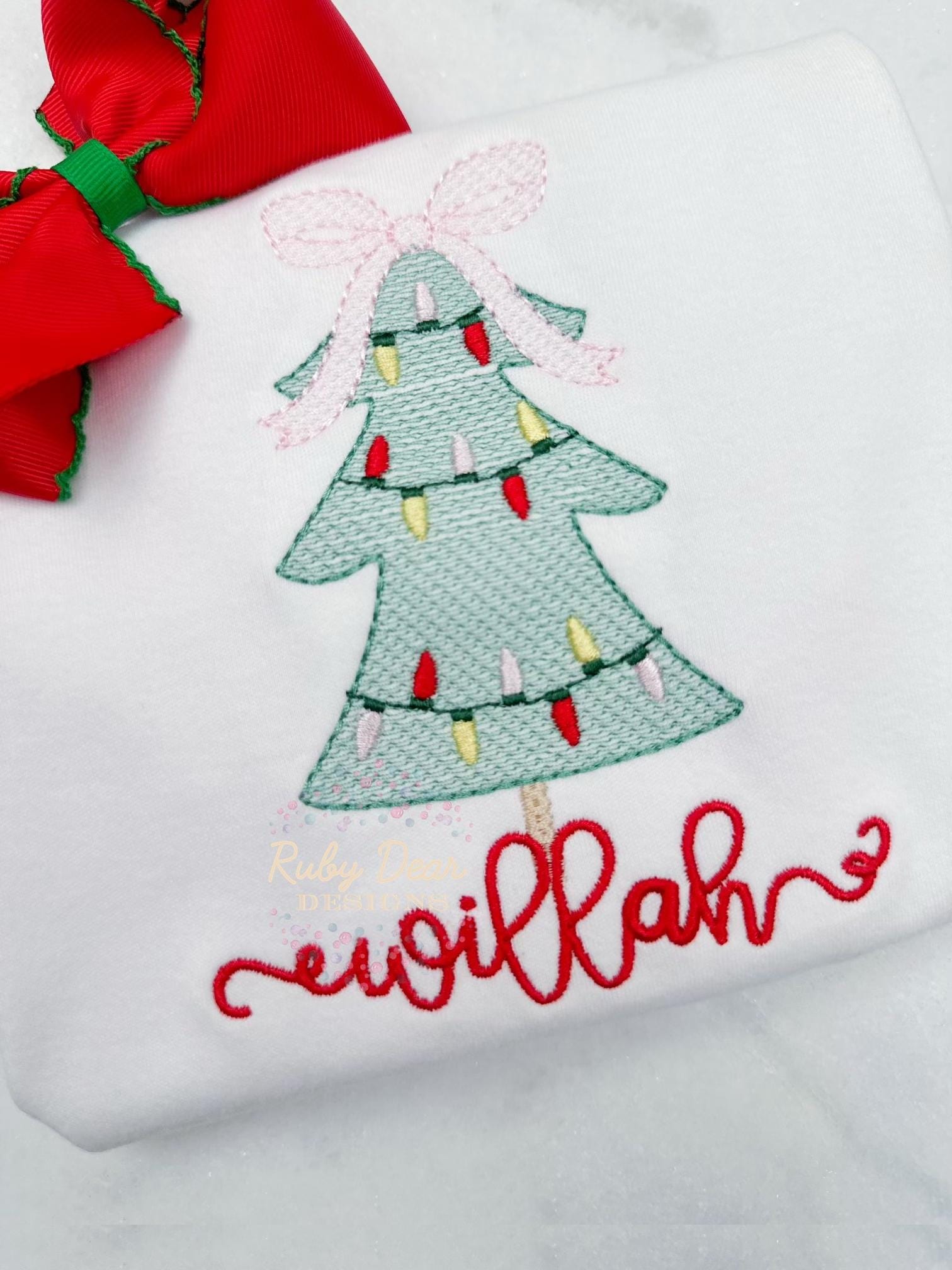 Christmas Tree with Lights Girl Sketch Machine Embroidery Design