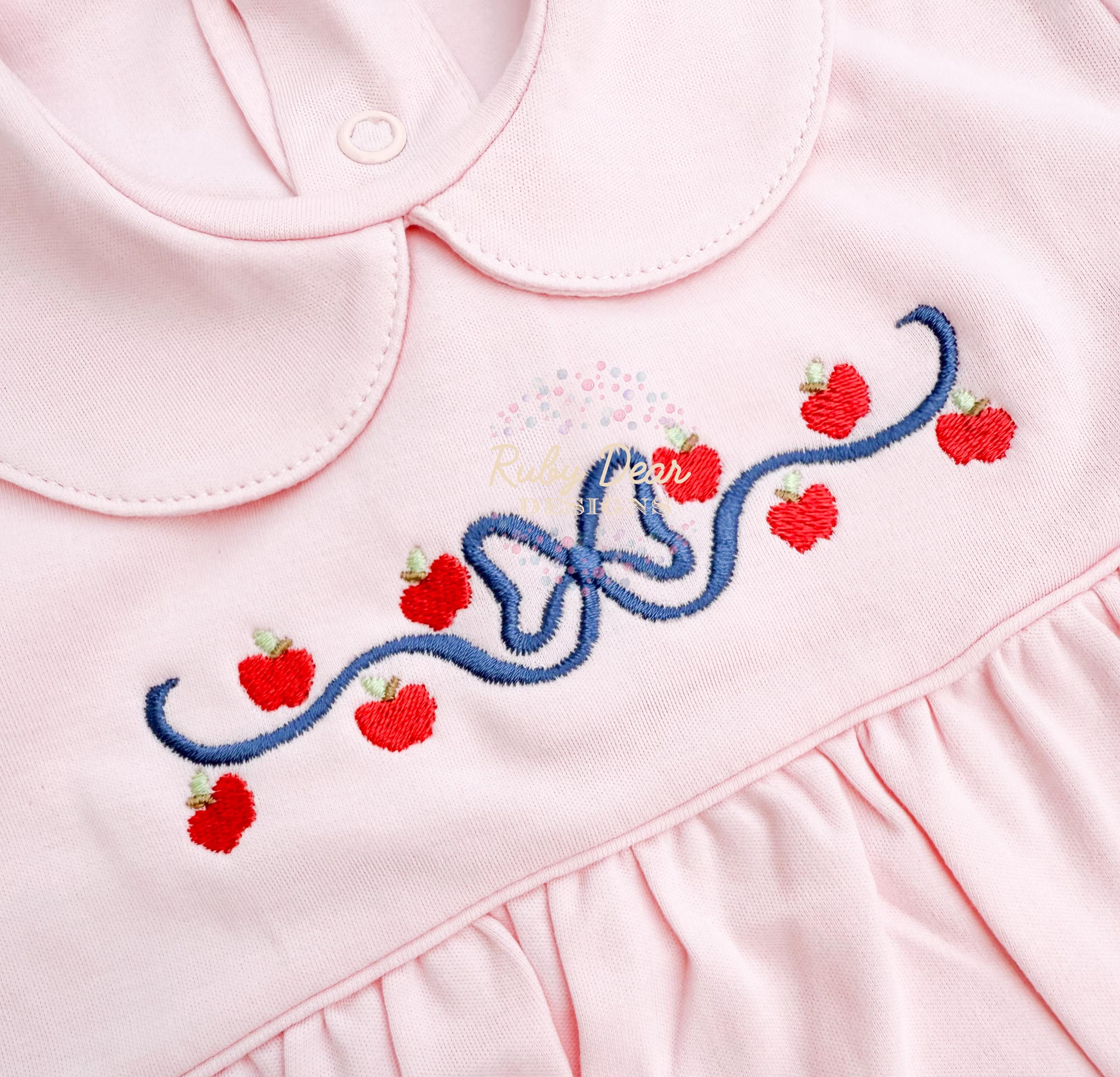 Back To School Apples Tumbling Bow Satin and Fill Stitch Machine Embroidery Design