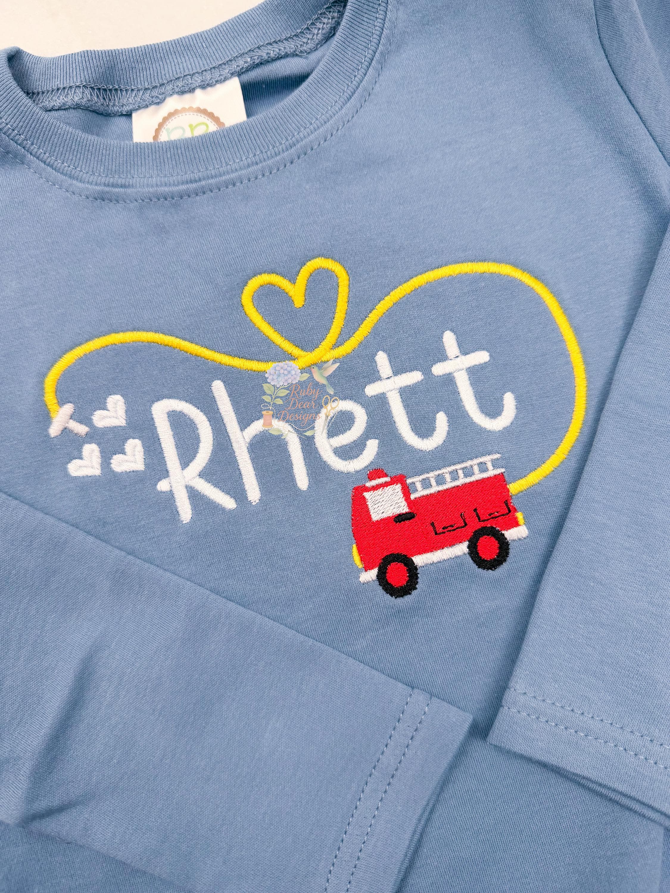 Valentine's Day Firetruck and Hose Firefighter Satin and Fill Stitch Machine Embroidery Design