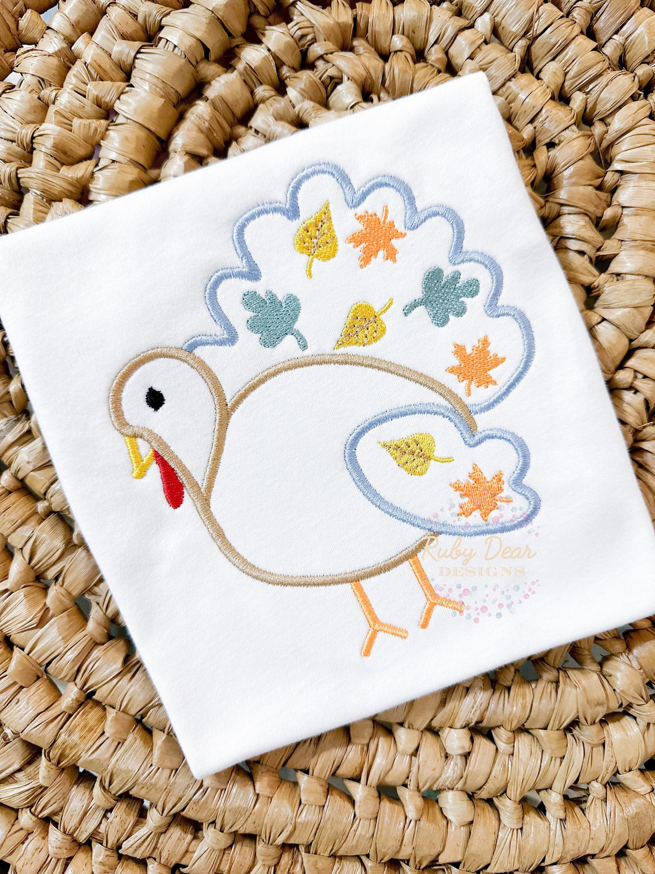 Turkey Boy with Fall Leaves Satin and Fill Stitch Machine Embroidery Design