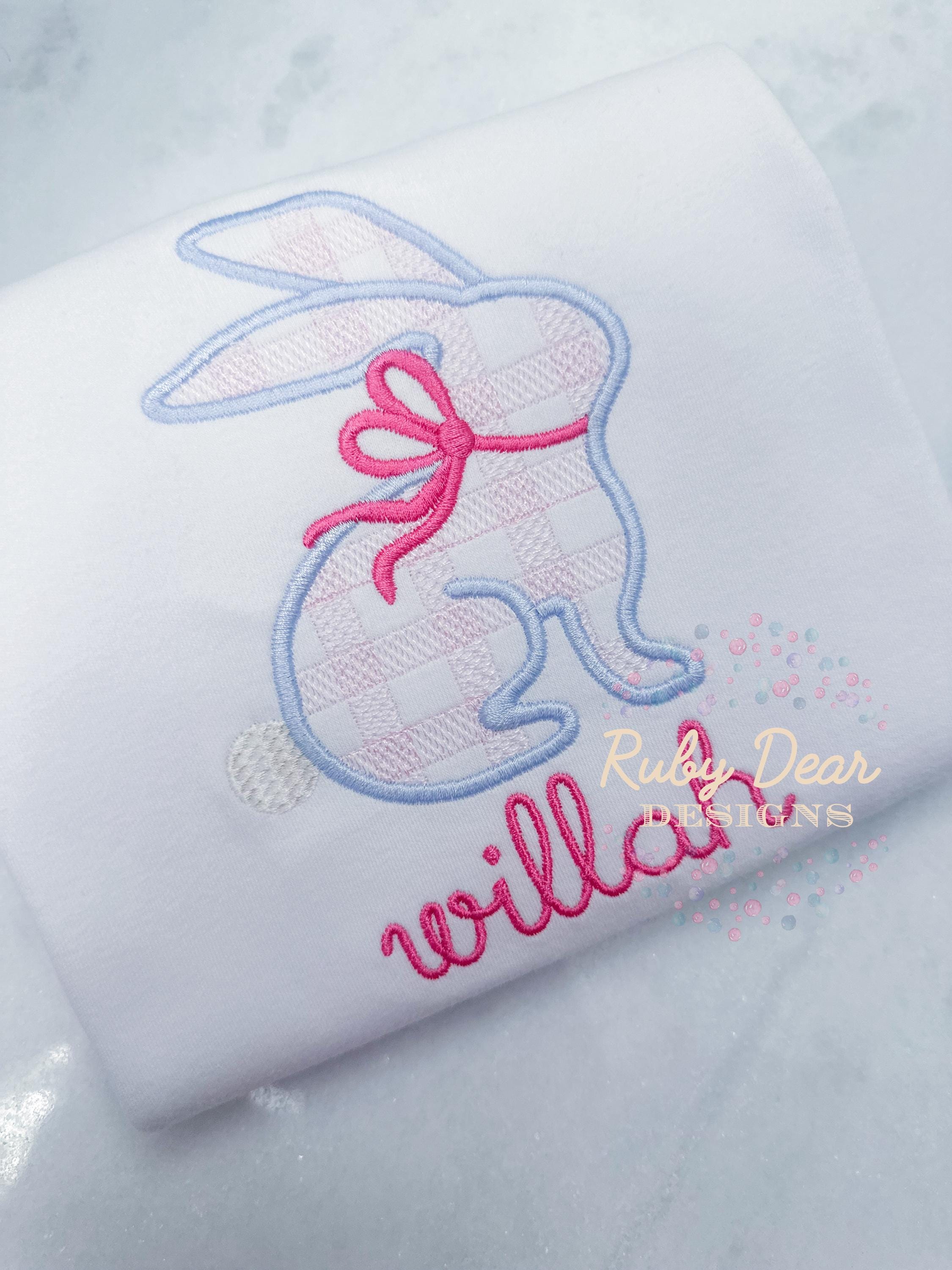 Bunny Girl with Bow Gingham Sketch with Satin Outline Machine Embroidery Design