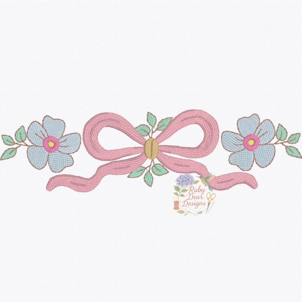 Floral Blooms Bow Frame Fill and Satin Stitch Machine Embroidery Design