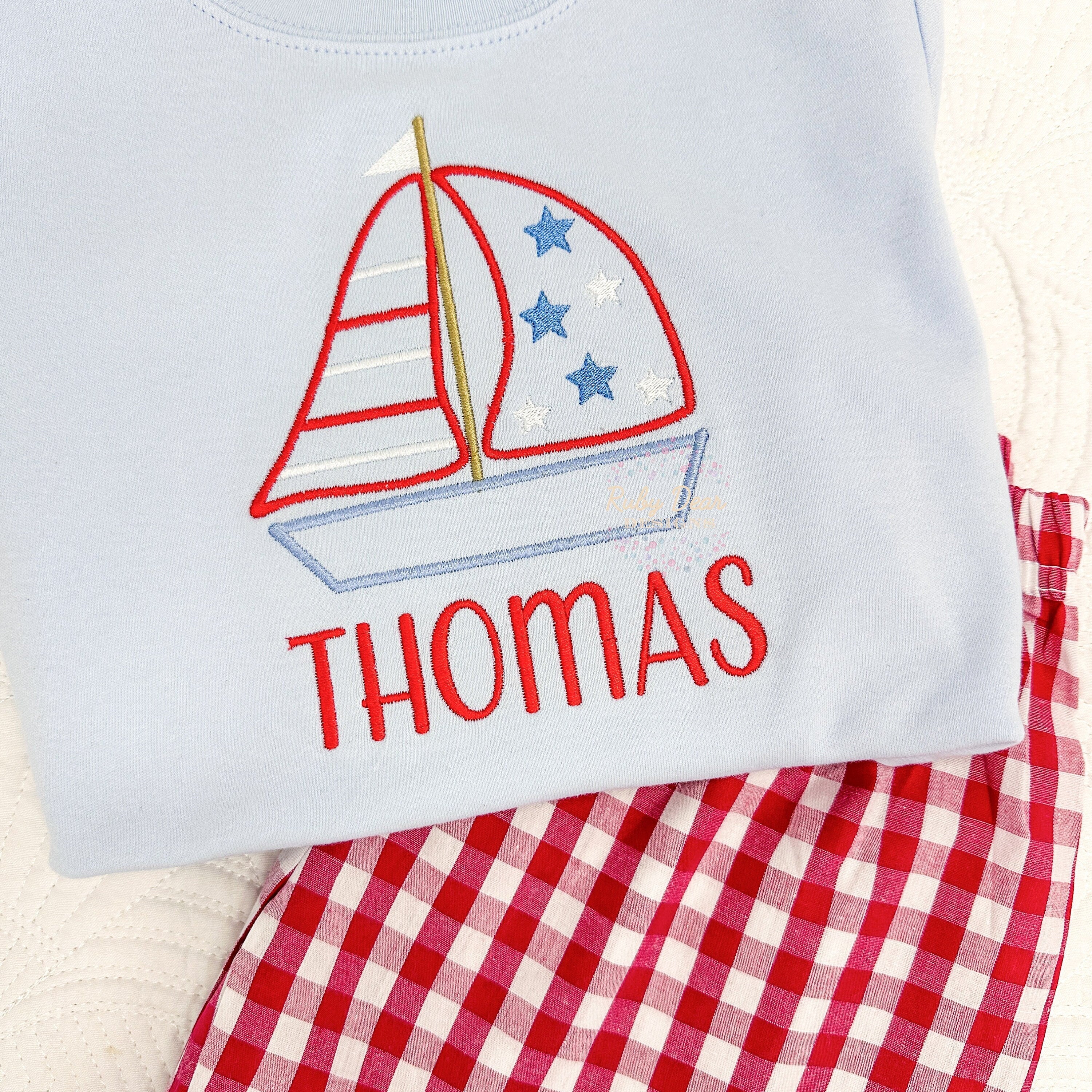 Patriotic Sailboat Satin Outline Boy Version Machine Embroidery Design