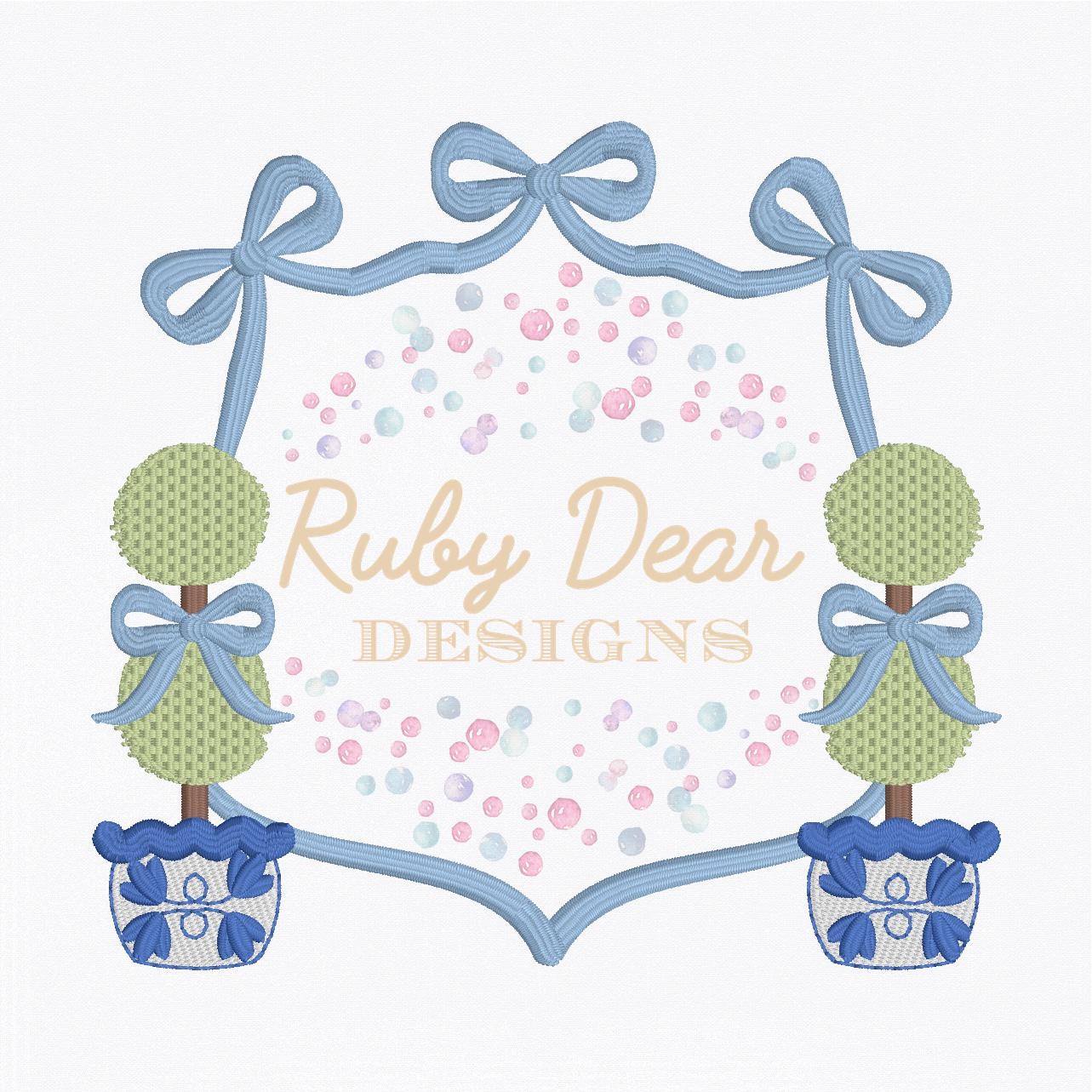 Bows and Chinoiserie Topiaries Classic Southern Grandmillineal Satin and Oil Stitch Machine Embroidery Design