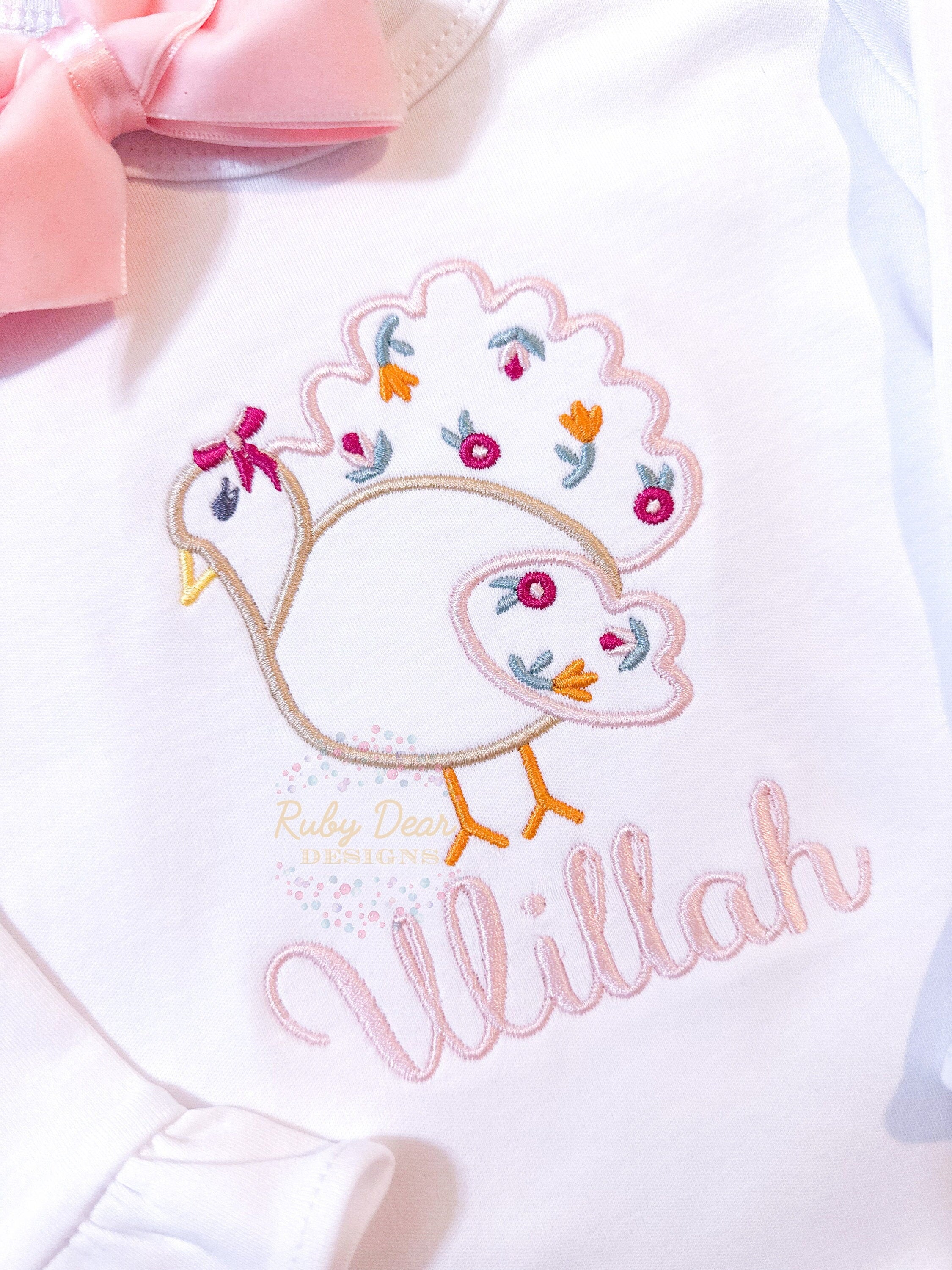 Turkey Girl with Florals Satin Outline Stitch Machine Embroidery Design