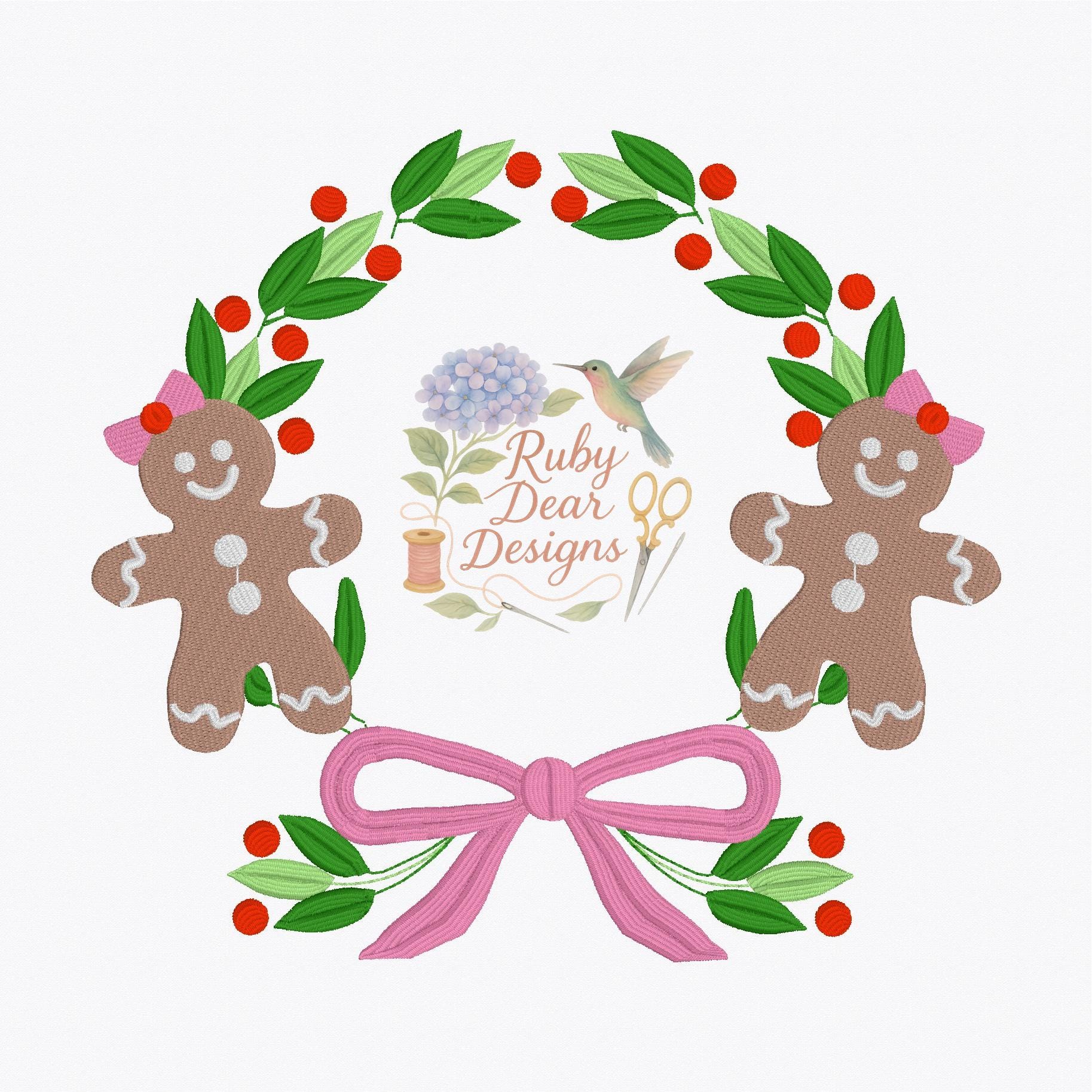 Gingerbread Girl Wreath Frame Satin and Fill Stitch Machine Embroidery Design