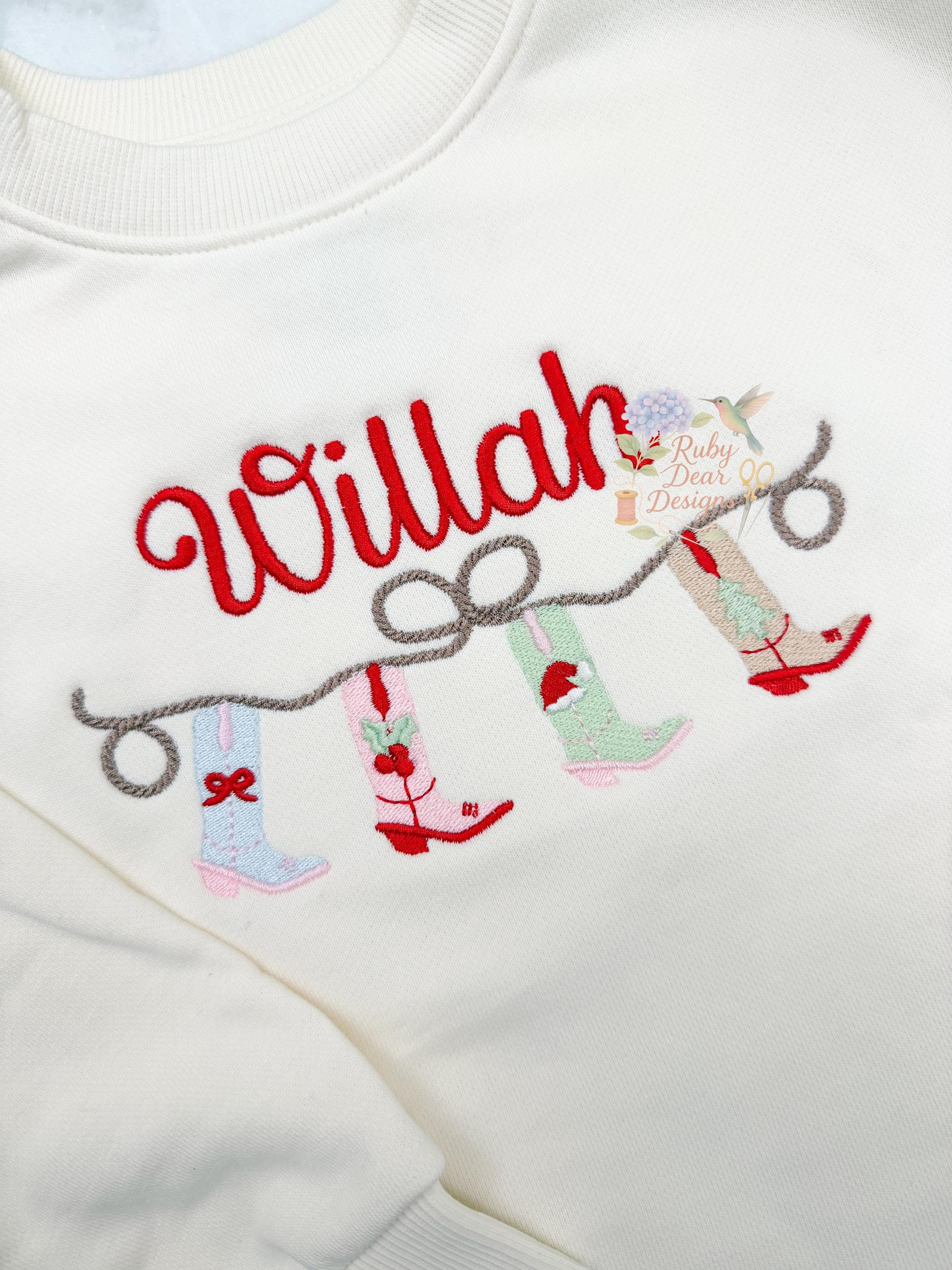 Christmas Cowgirl Boot Swag Fill and Satin Stitch Machine Embroidery Design