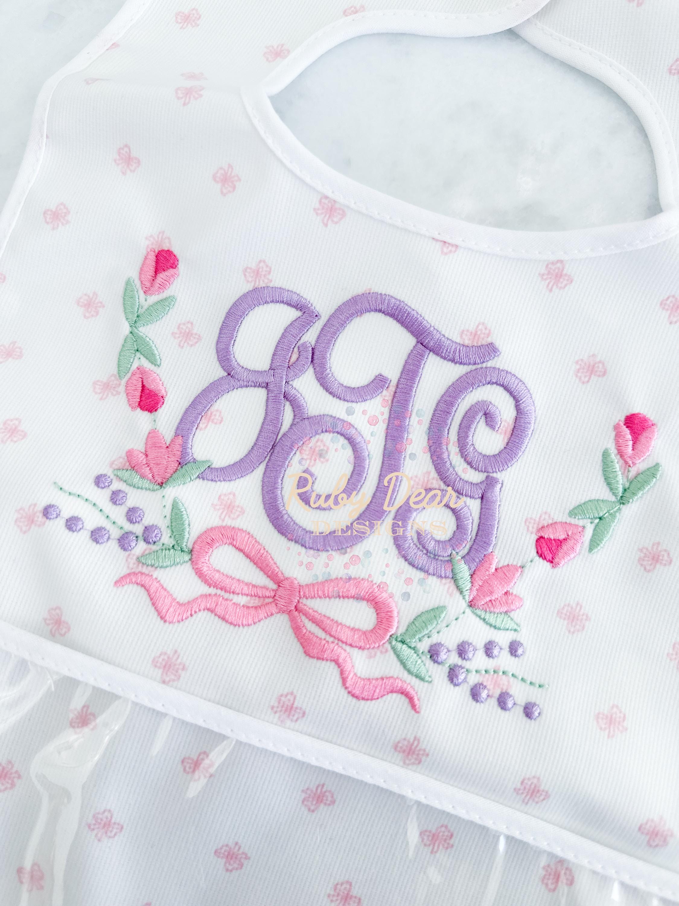 Floral Whimsical Bow Monogram Frame Satin Bean Stitch Machine Embroidery Design
