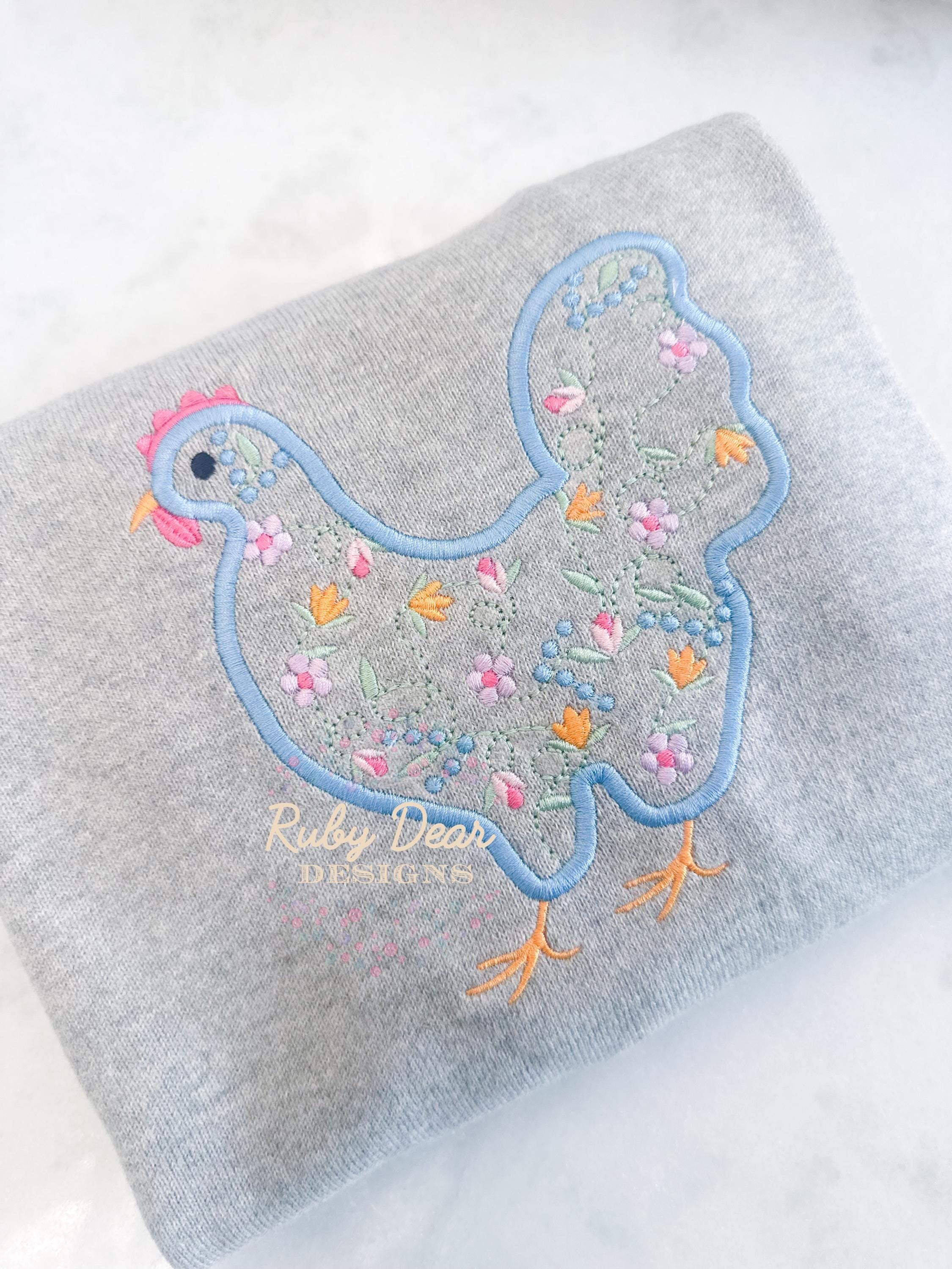 Hen Floral Satin Outline Stitch Machine Embroidery Design