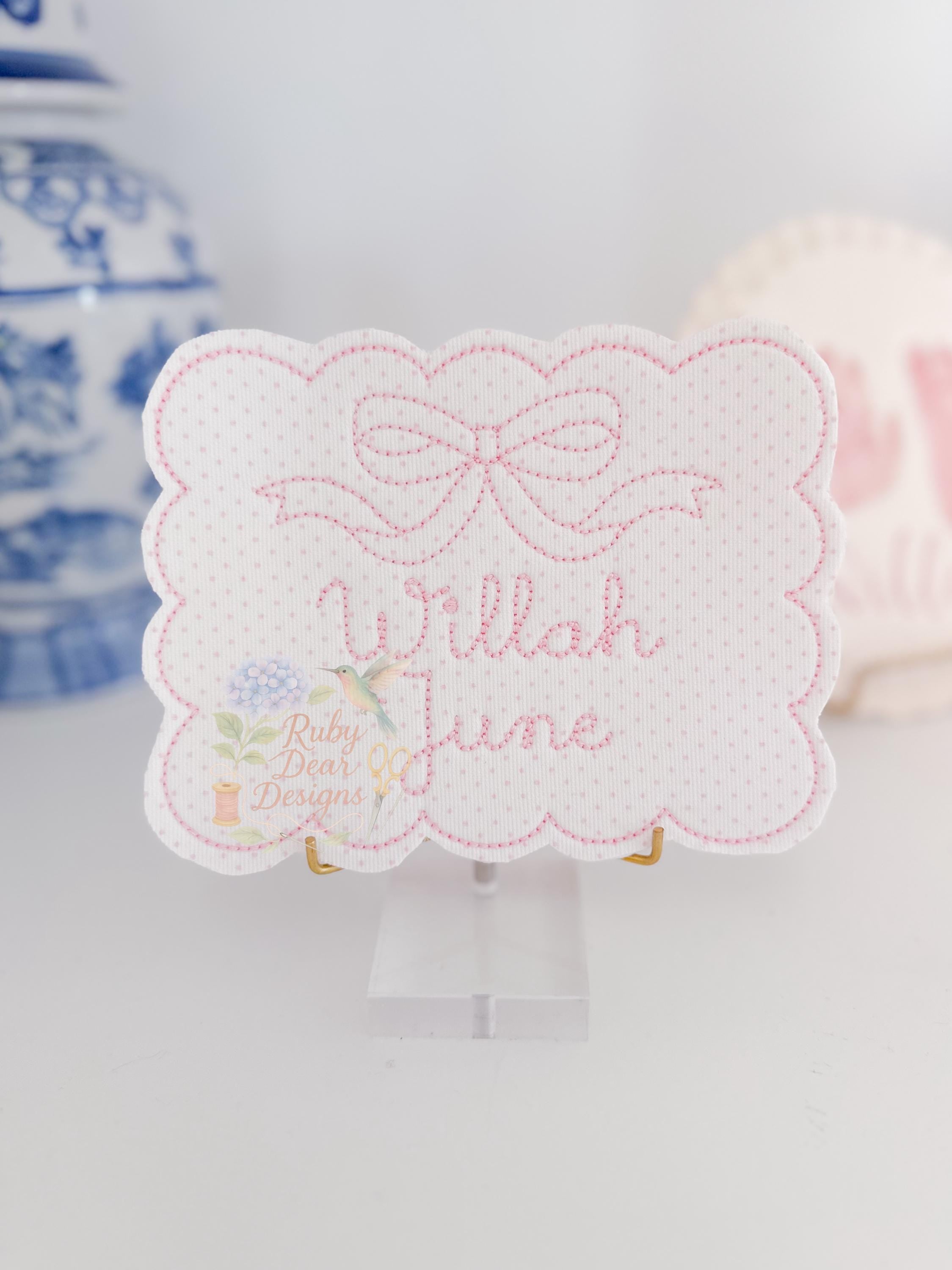 In The Hoop Name Announcement Card Scallop Bean Stitch Machine Embroidery Design