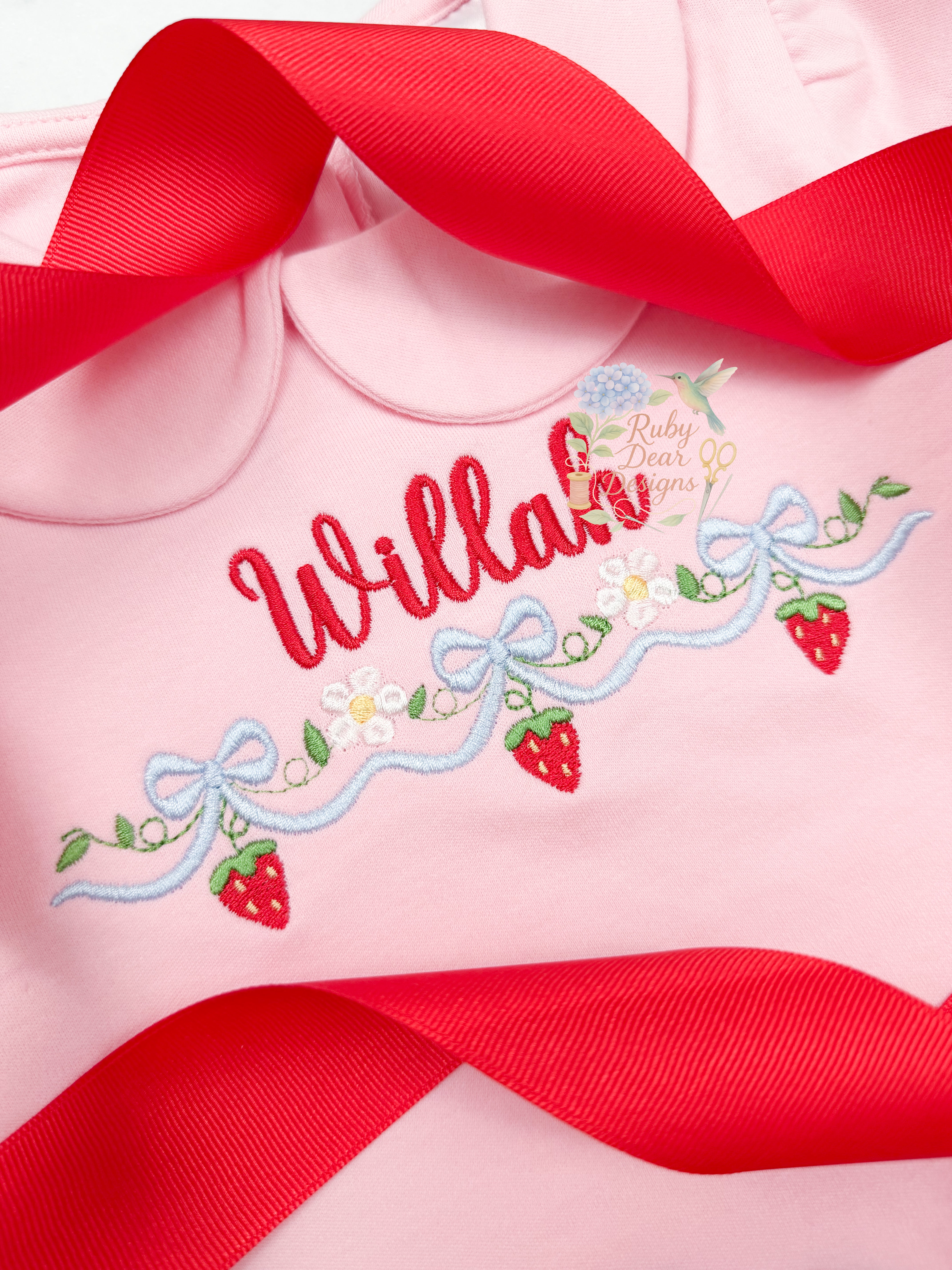 Strawberry Blooms Bow Satin and Fill Stitch Machine Embroidery Design