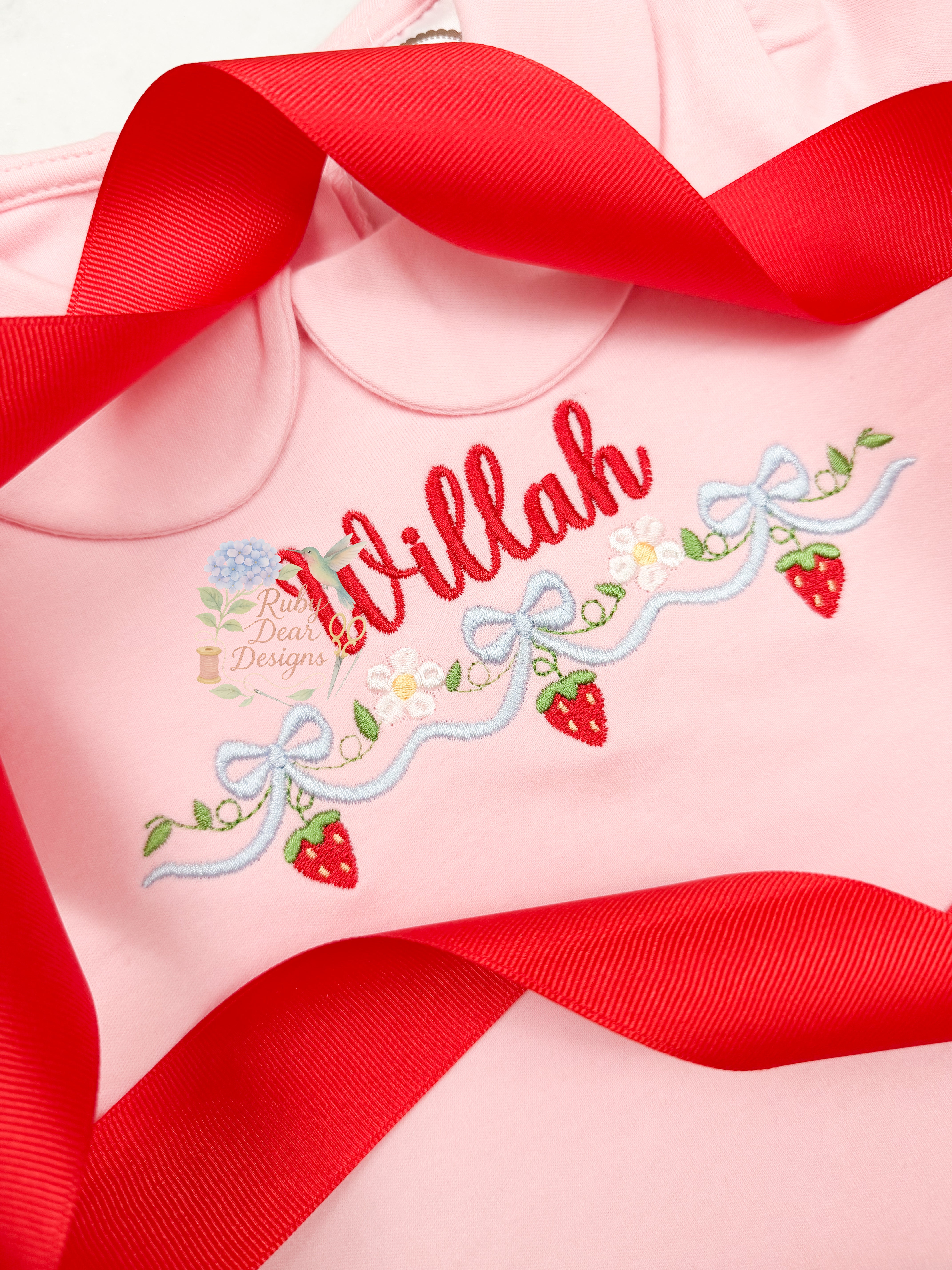 Strawberry Blooms Bow Satin and Fill Stitch Machine Embroidery Design