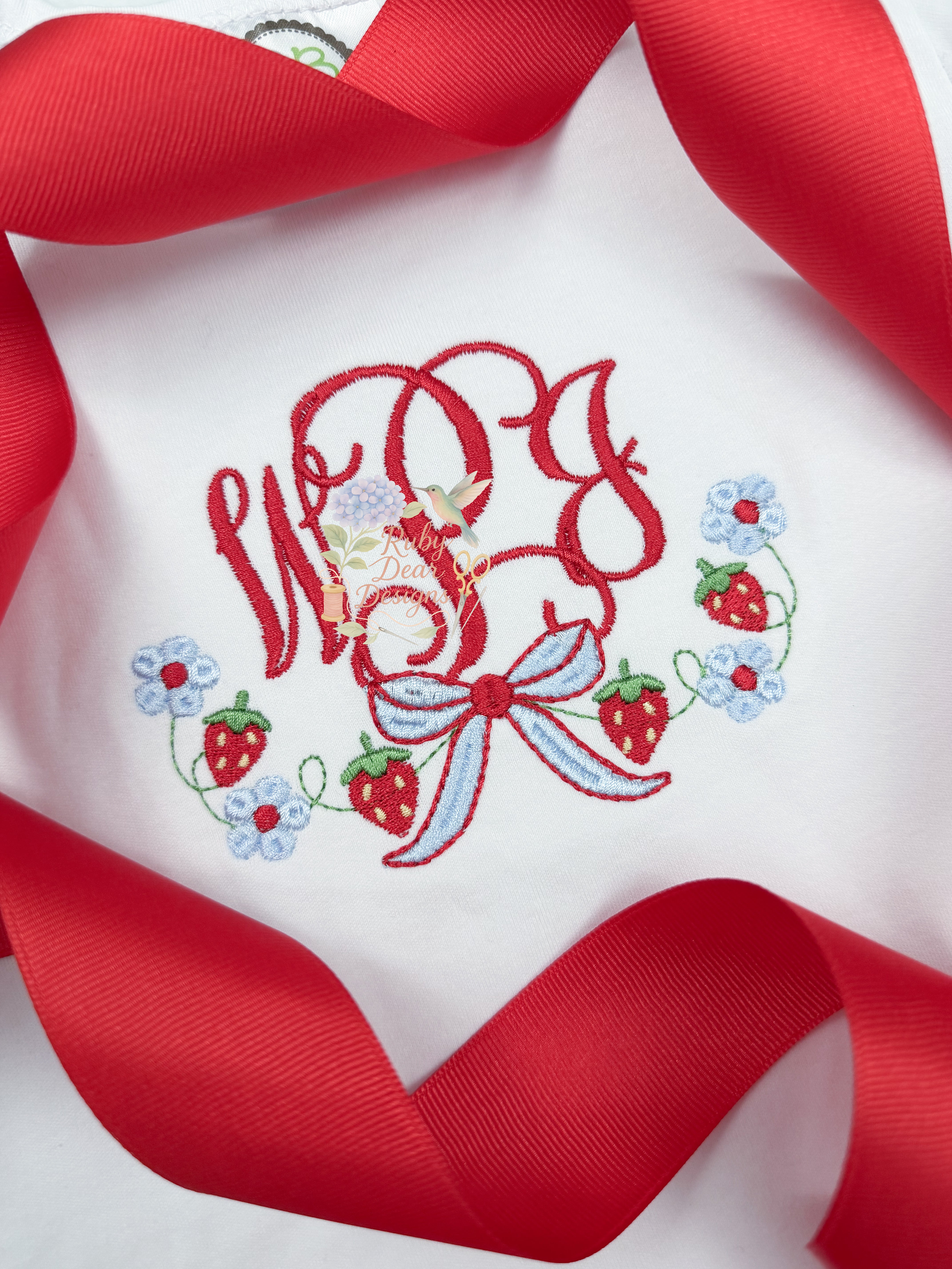 Strawberry Floral Bow Frame Satin and Fill Stitch Machine Embroidery Design