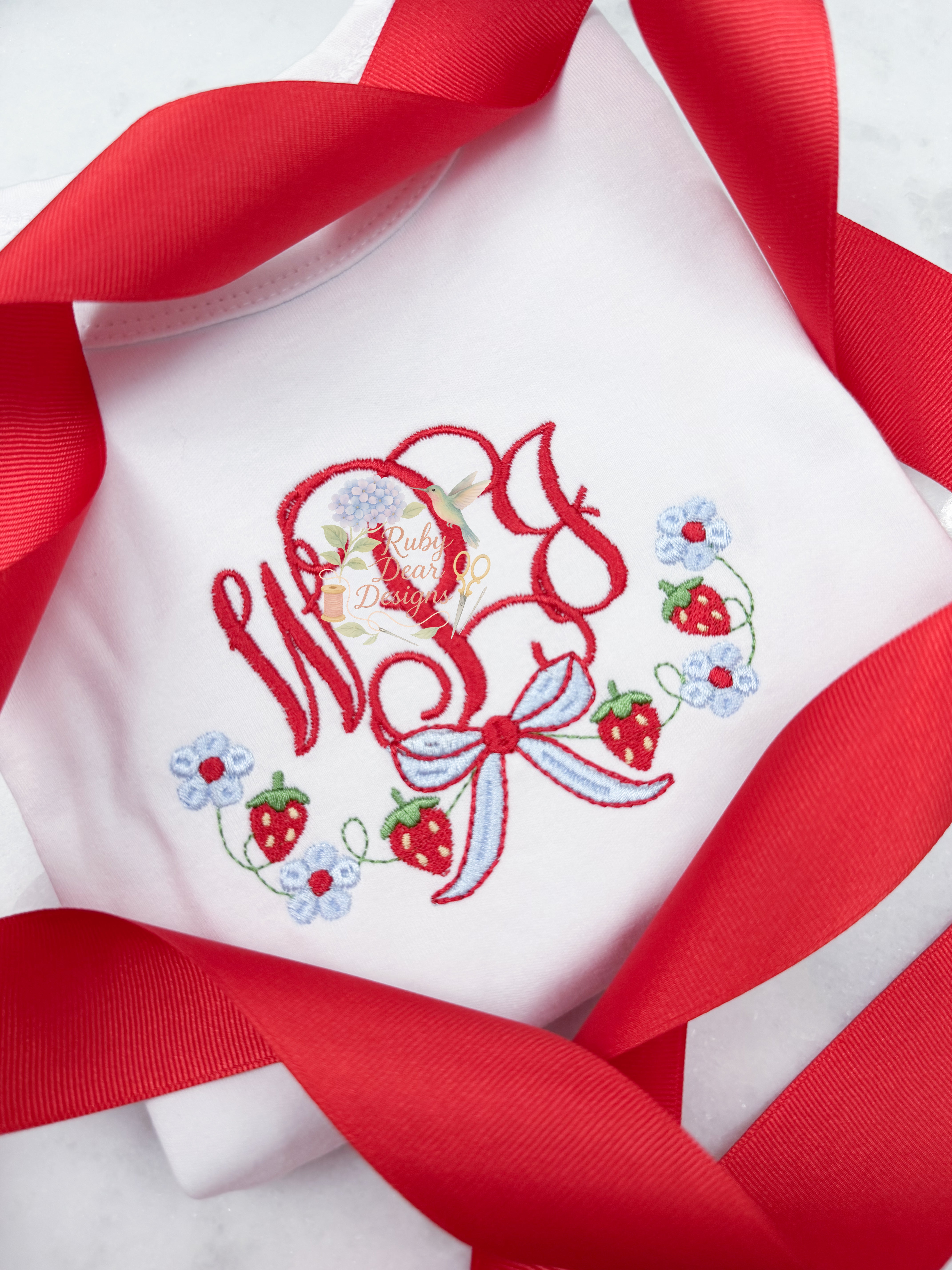 Strawberry Floral Bow Frame Satin and Fill Stitch Machine Embroidery Design