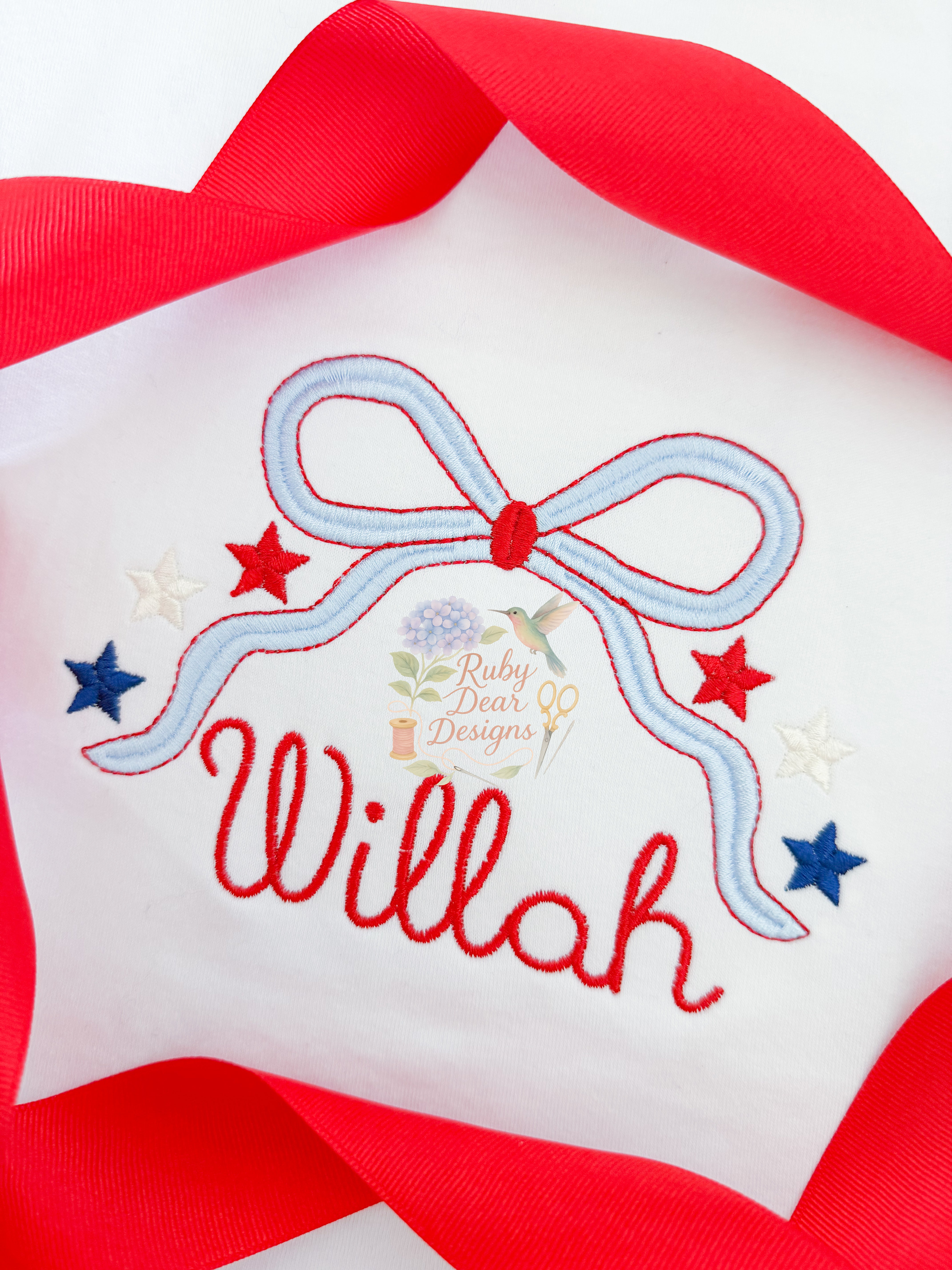 Patriotic Bow with Stars Satin Stitch Machine Embroidery Design