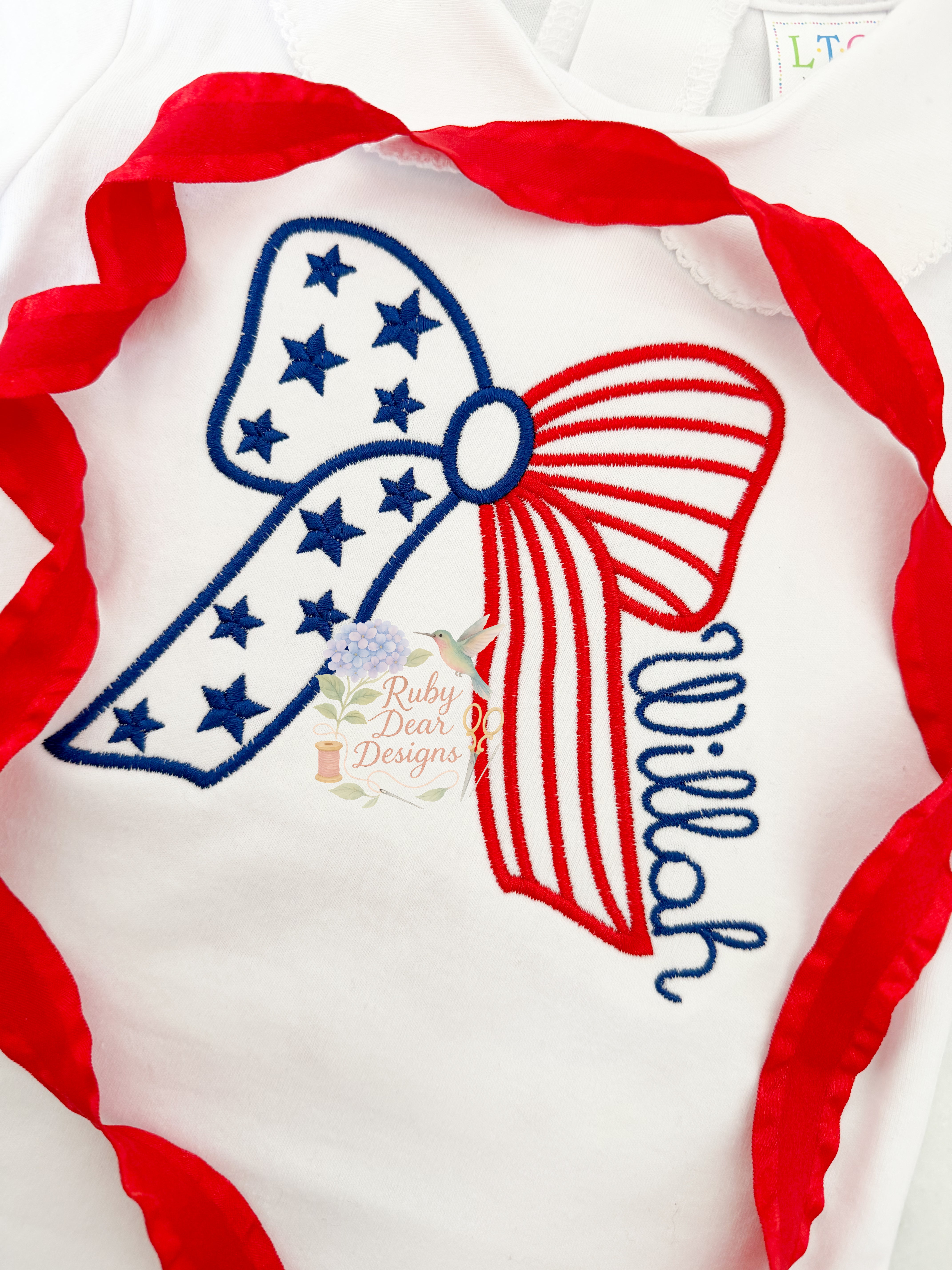 Stars and Stripes Patriotic America Bow Satin Outline Stitch Machine Embroidery Design