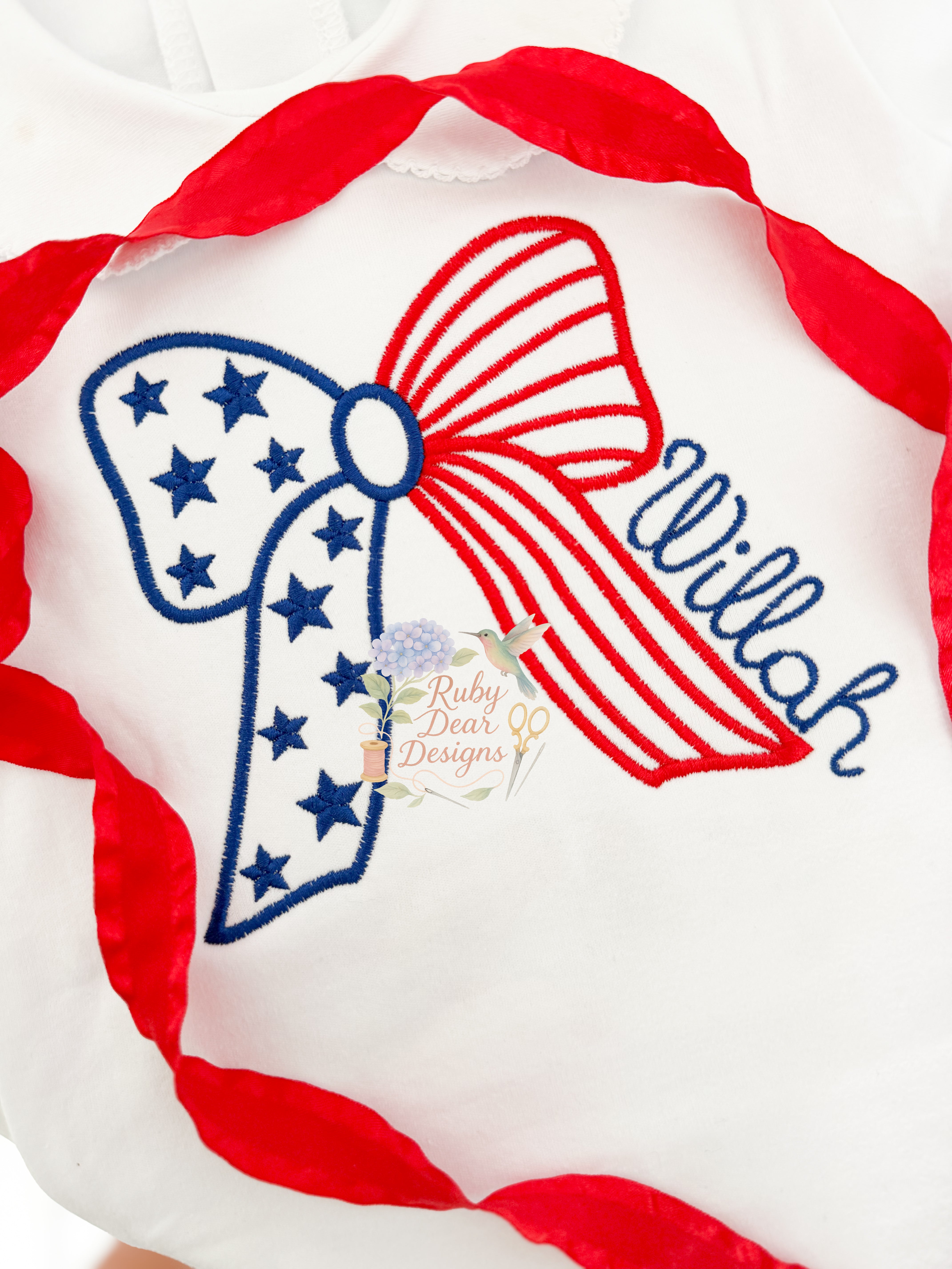 Stars and Stripes Patriotic America Bow Satin Outline Stitch Machine Embroidery Design