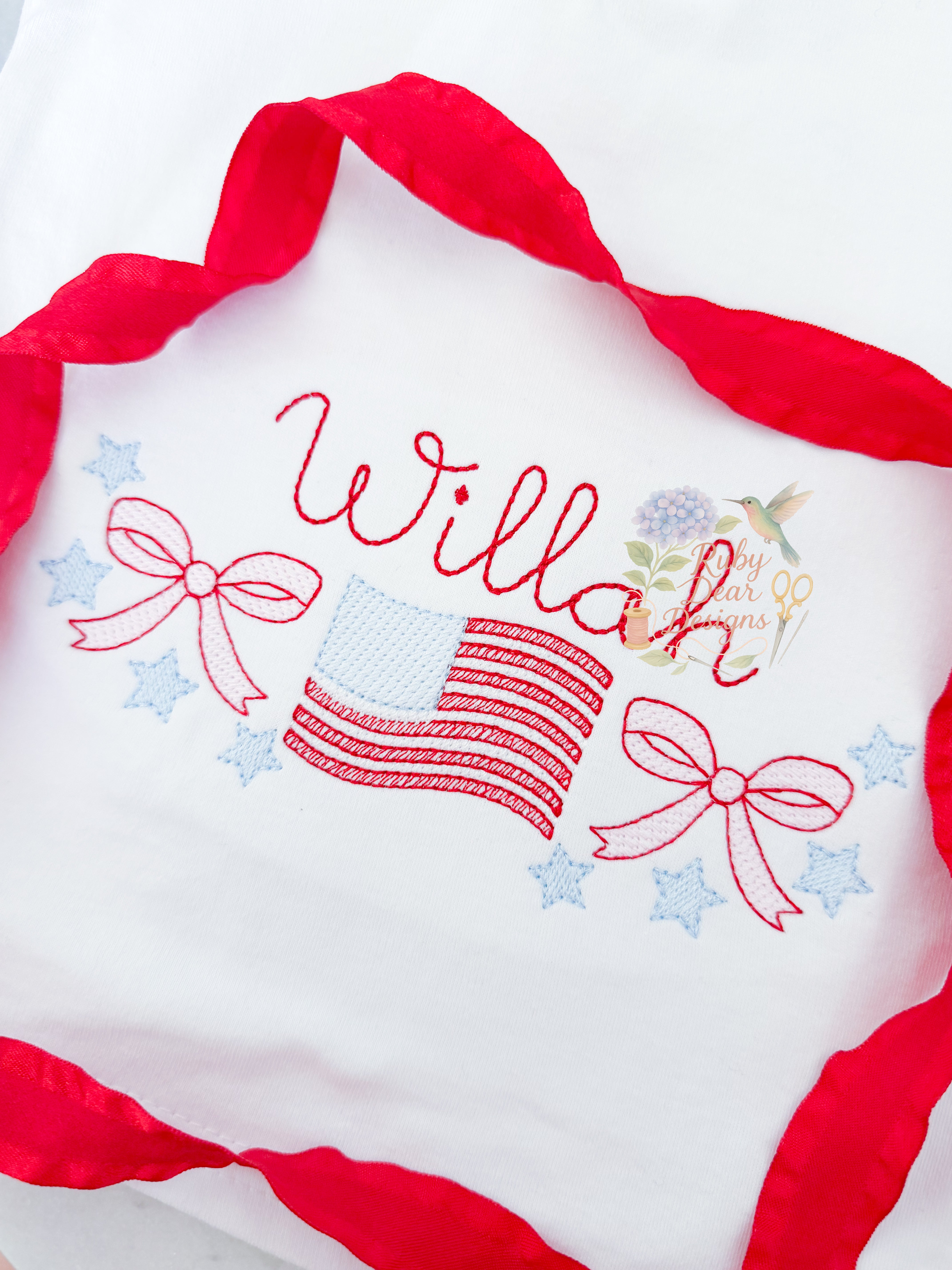 Patriotic American Flag Bows Stars Sketch Stitch Machine Embroidery Design