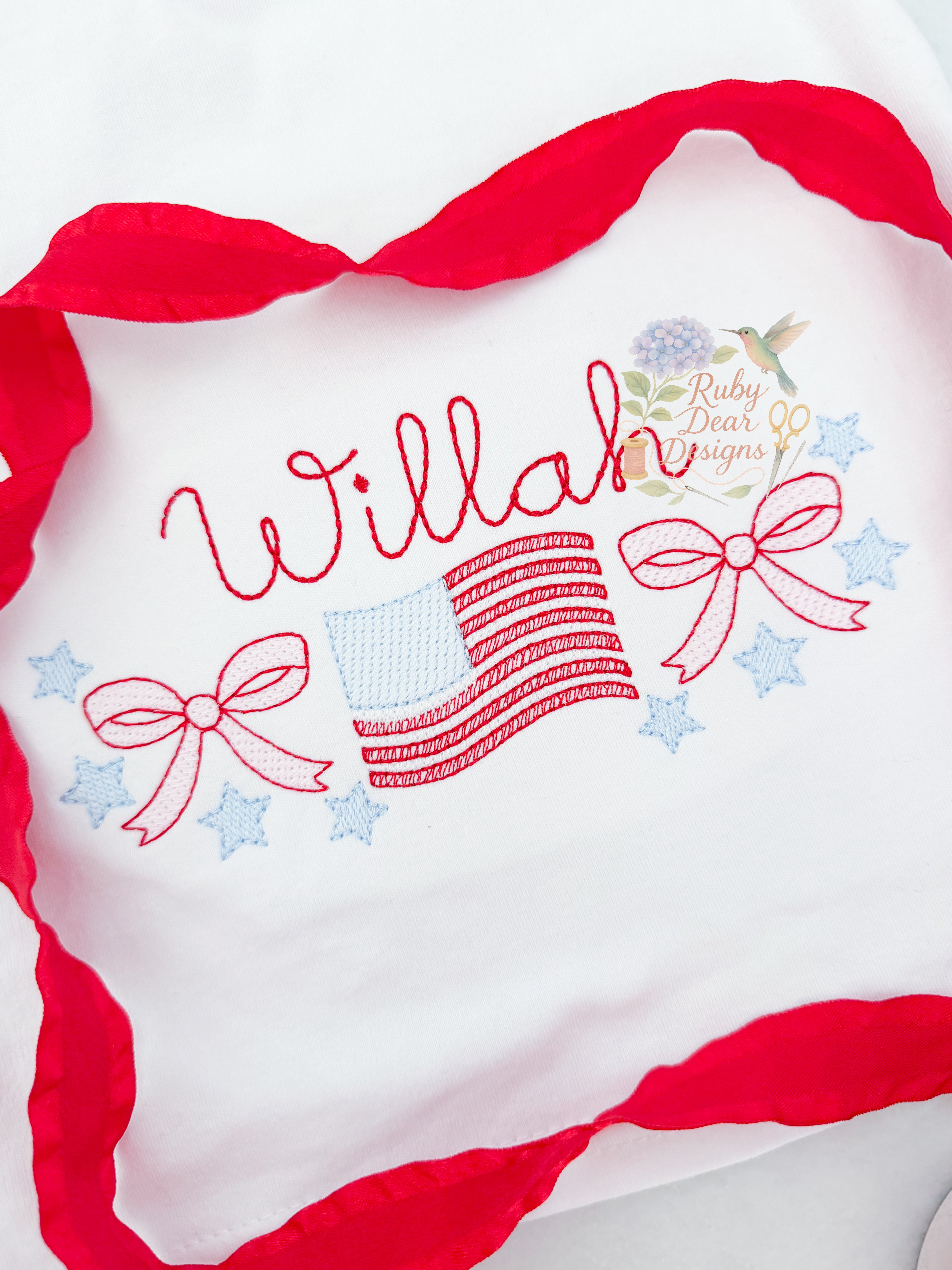 Patriotic American Flag Bows Stars Sketch Stitch Machine Embroidery Design