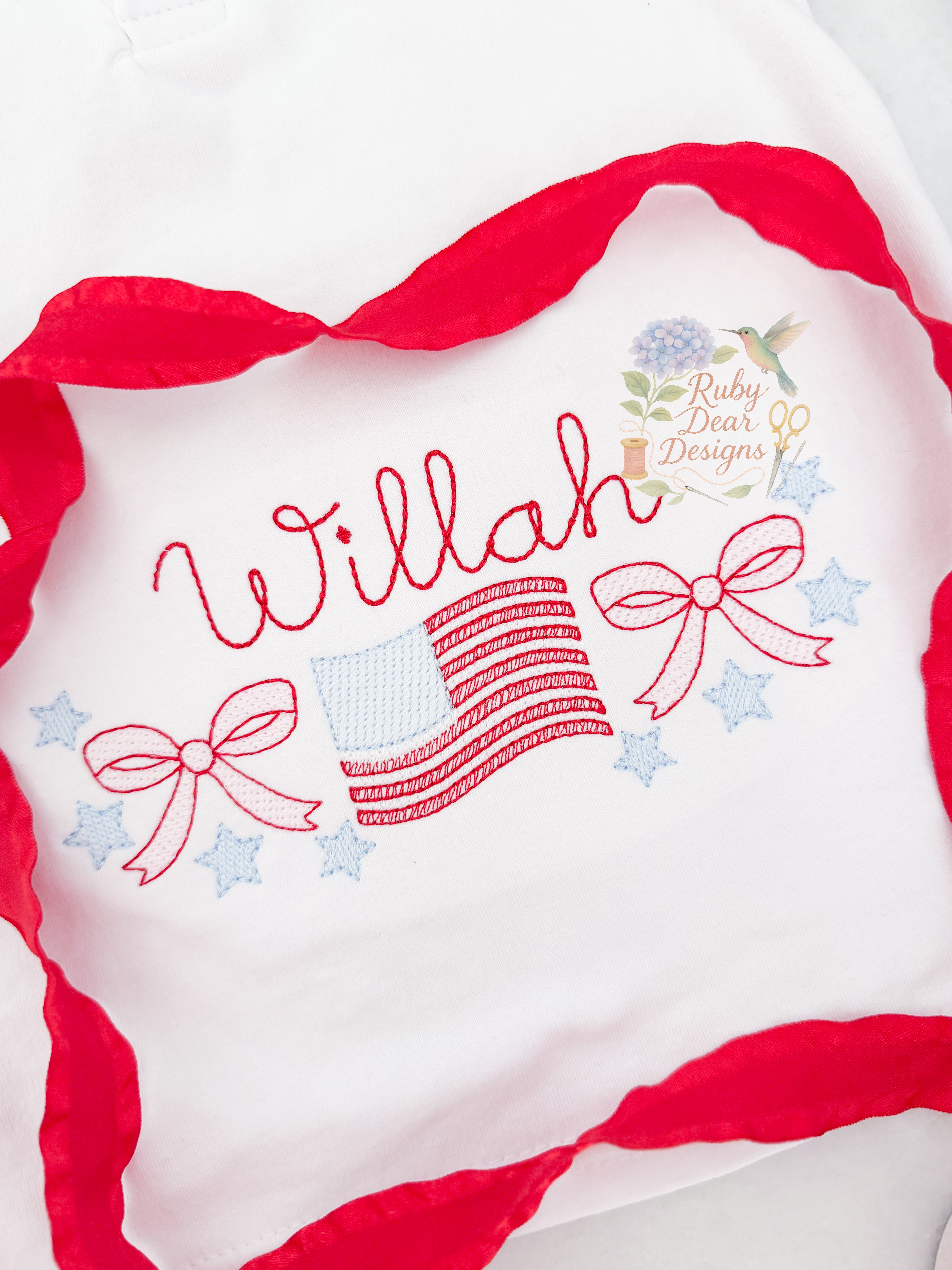Patriotic American Flag Bows Stars Sketch Stitch Machine Embroidery Design