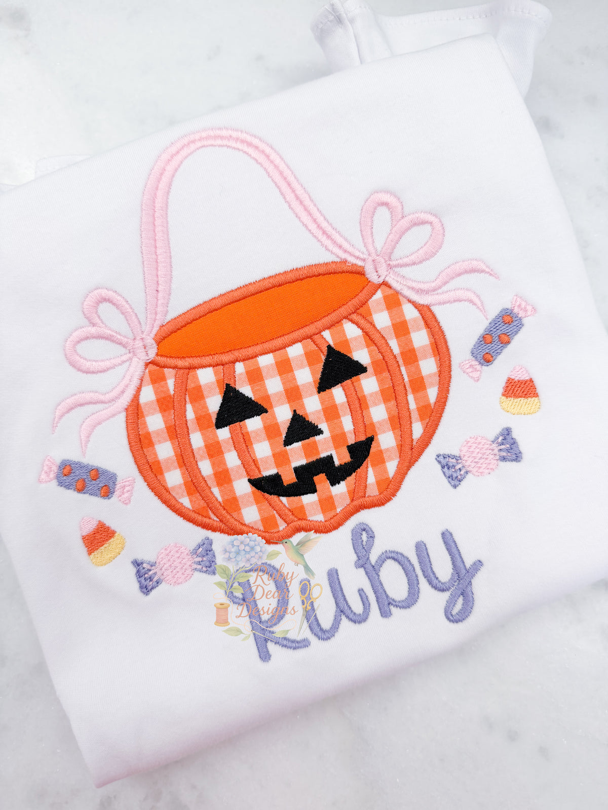 Jack O Lantern Ribbon Girl Satin Appliqué with Mini Candies Fill Stitch Machine Embroidery Design