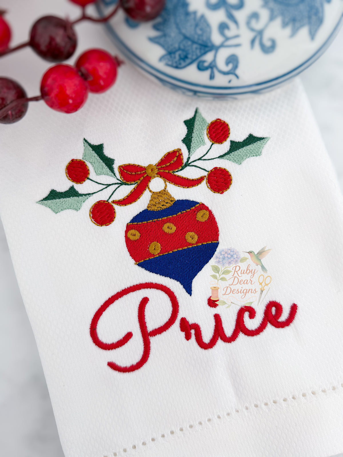 Elegant Holly Berry Christmas Ornament Fill Stitch Machine Embroidery Design