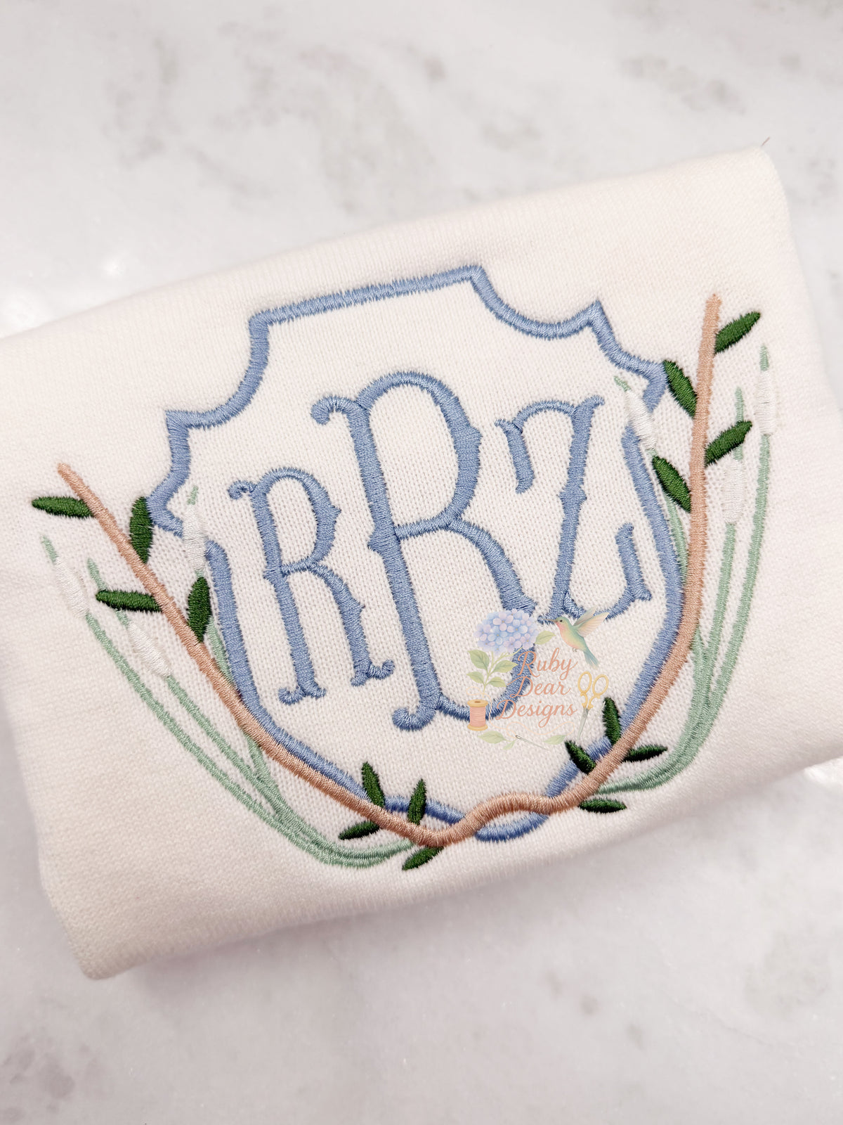 Reeds and Branches Monogram Crest Satin Stitch Machine Embroidery Design