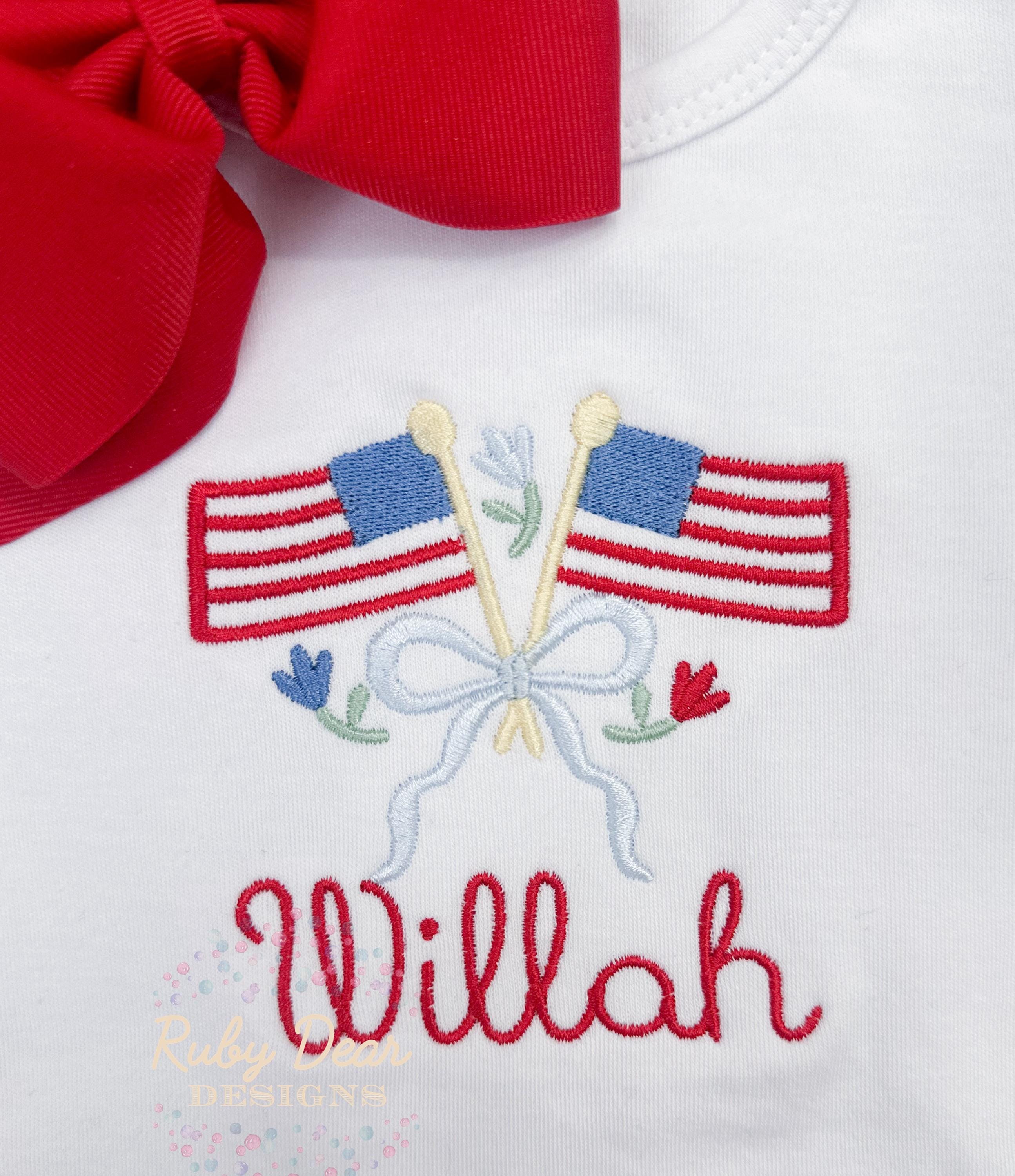 American Flag with Bows and Florals Satin and Fill Stitch Machine Embroidery Design