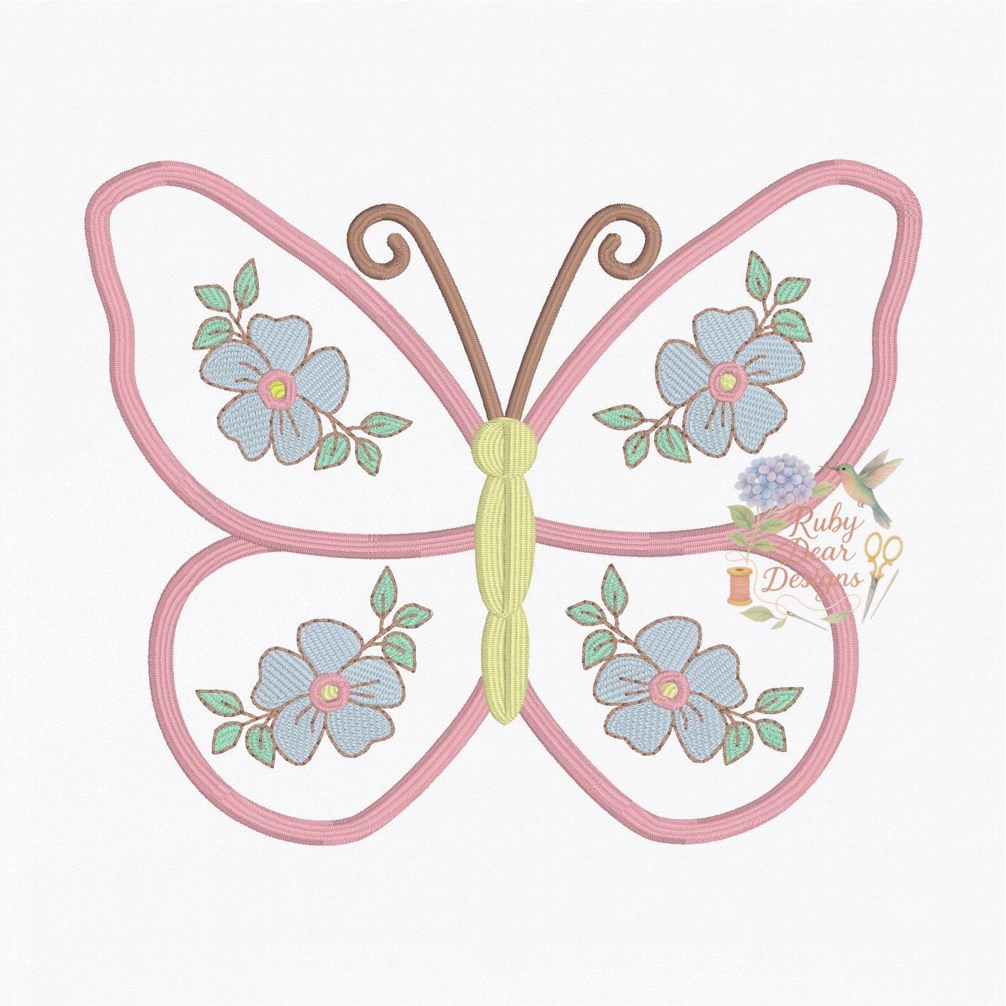 Floral Blooms Butterfly Fill and Satin Stitch Machine Embroidery Design