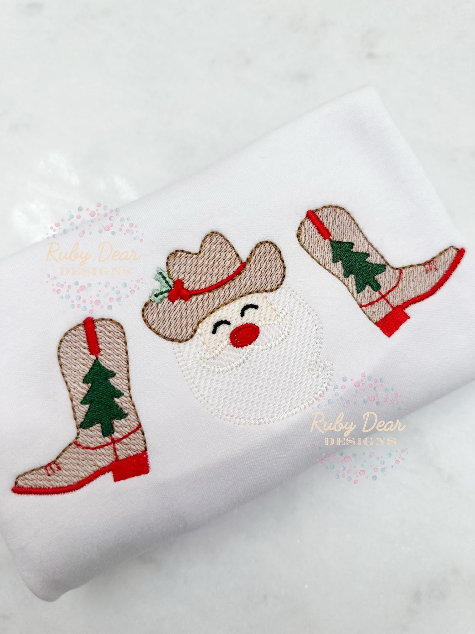 Cowboy Western Santa and Boots Sketch Fill Stitch Machine Embroidery Design