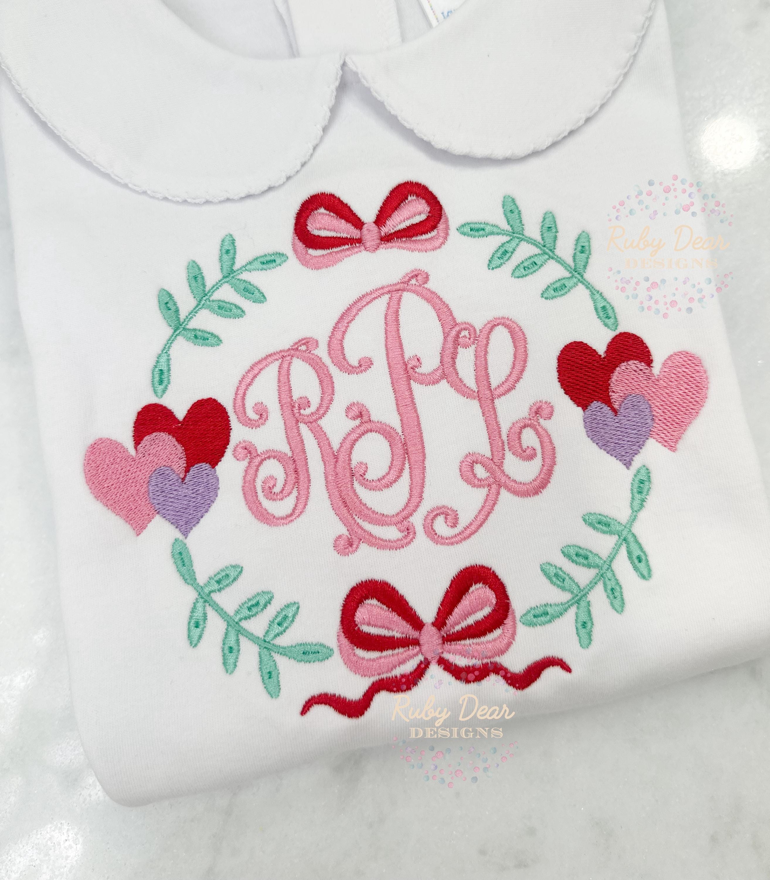 Heart Trio Laurel Monogram Frame Fill and Satin Stitch Machine Embroidery Design