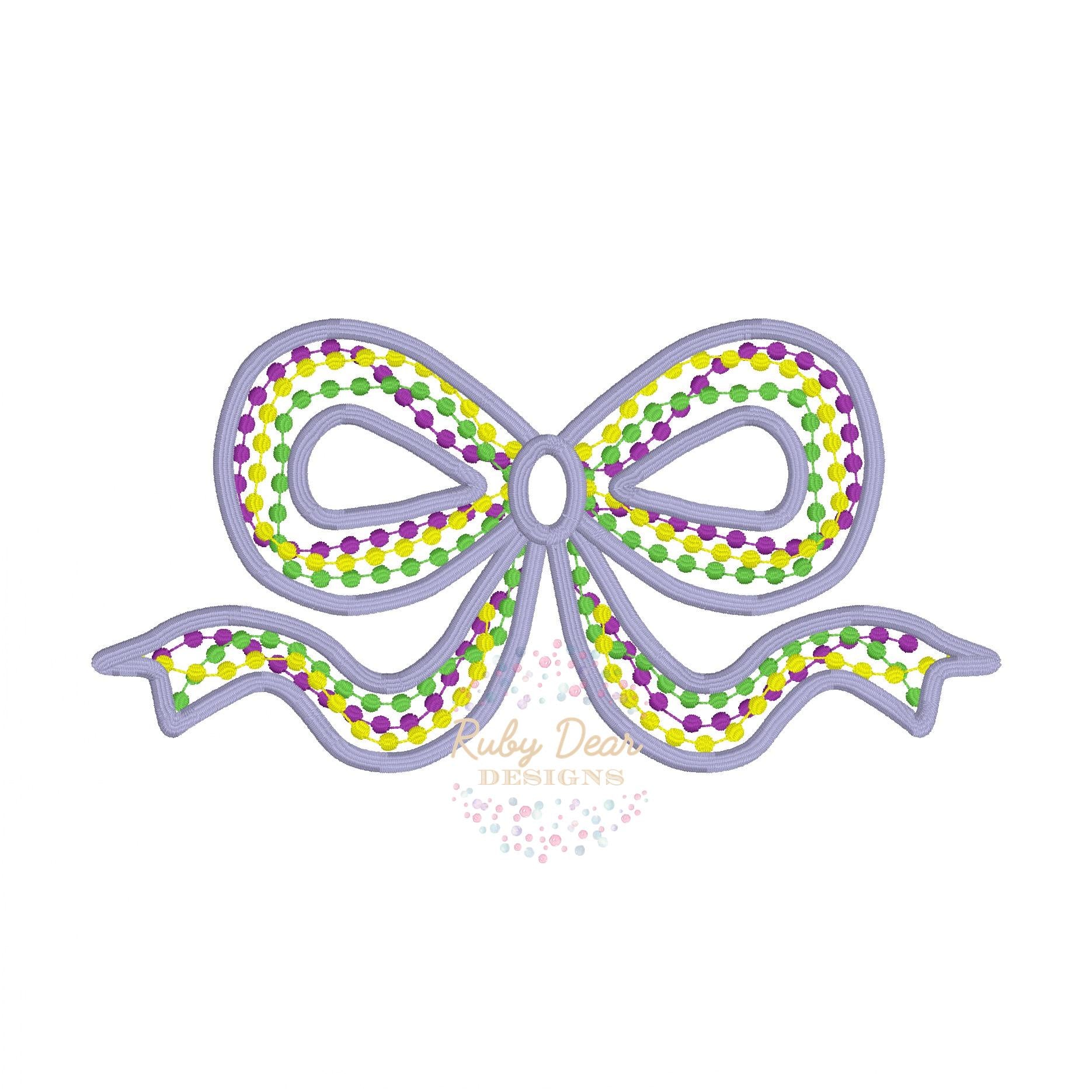 Mardi Gras Beads Bow Satin Outline Machine Embroidery Design