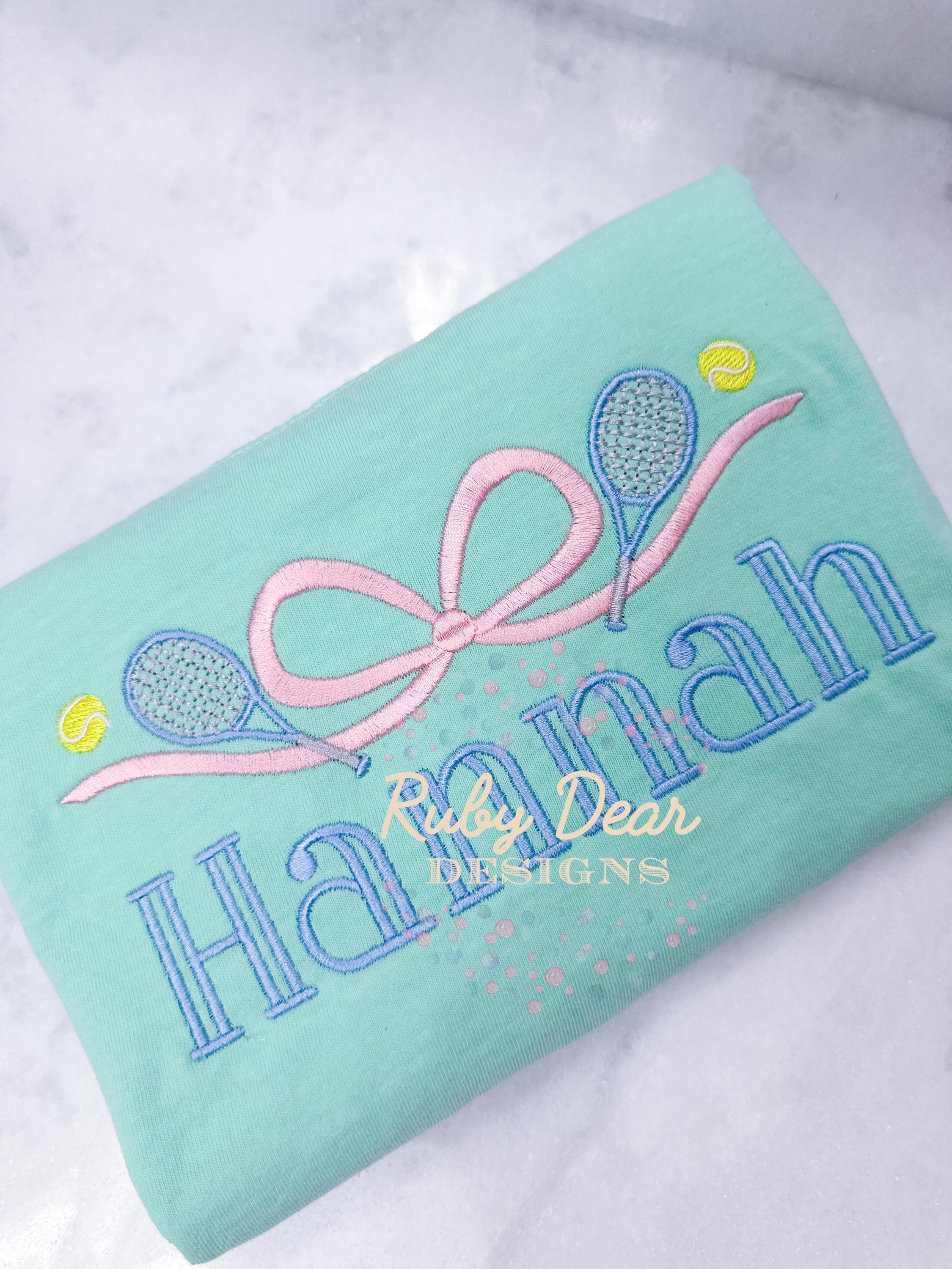 Tennis Bow with Rackets and Ball Satin Fill and Bean Stitch Machine Embroidery Design