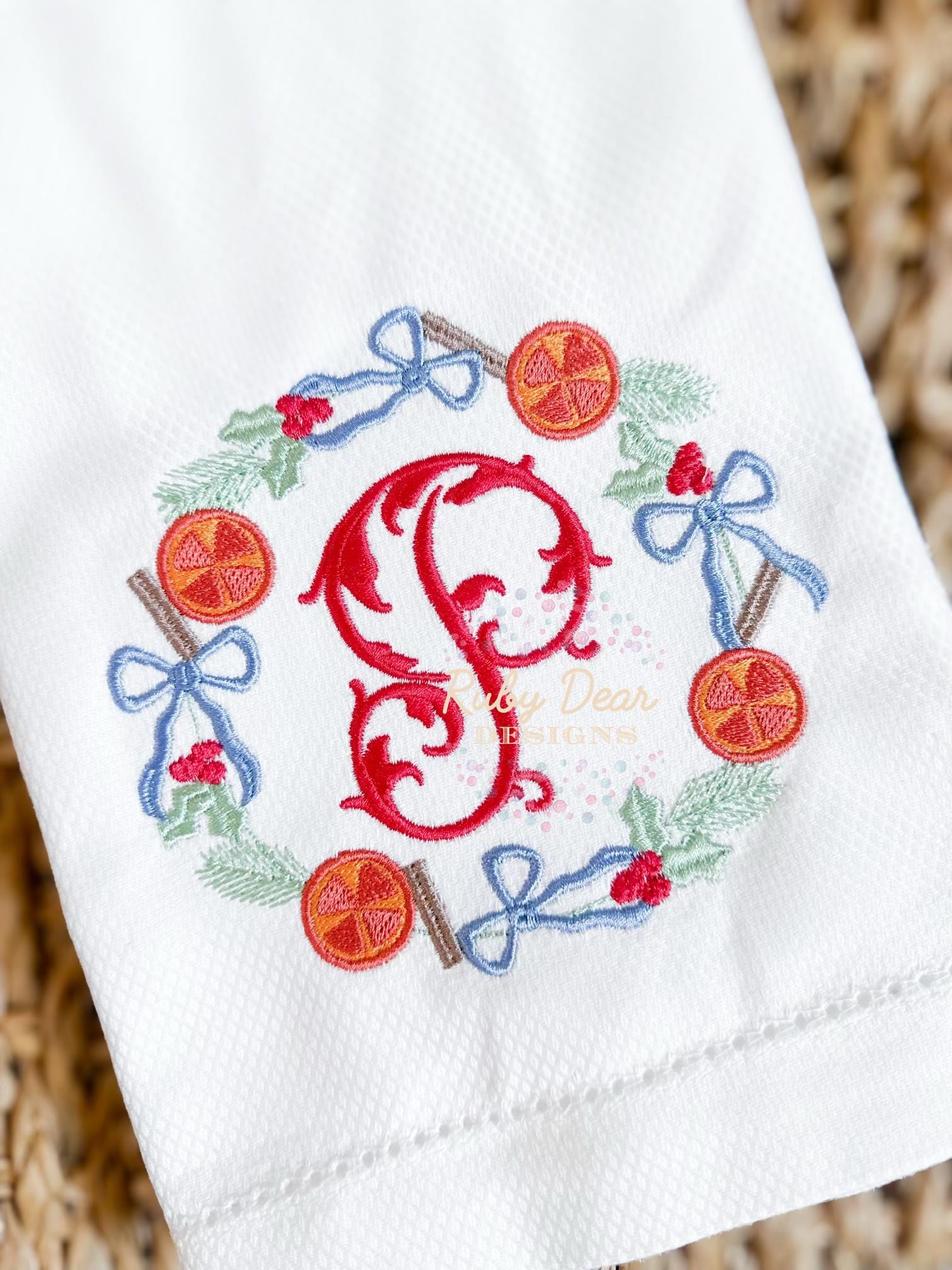 Vintage Christmas Wreath Frame with Dried Oranges and Cinnamon Sticks Fill Satin and Bean Stitch Machine Embroidery Design