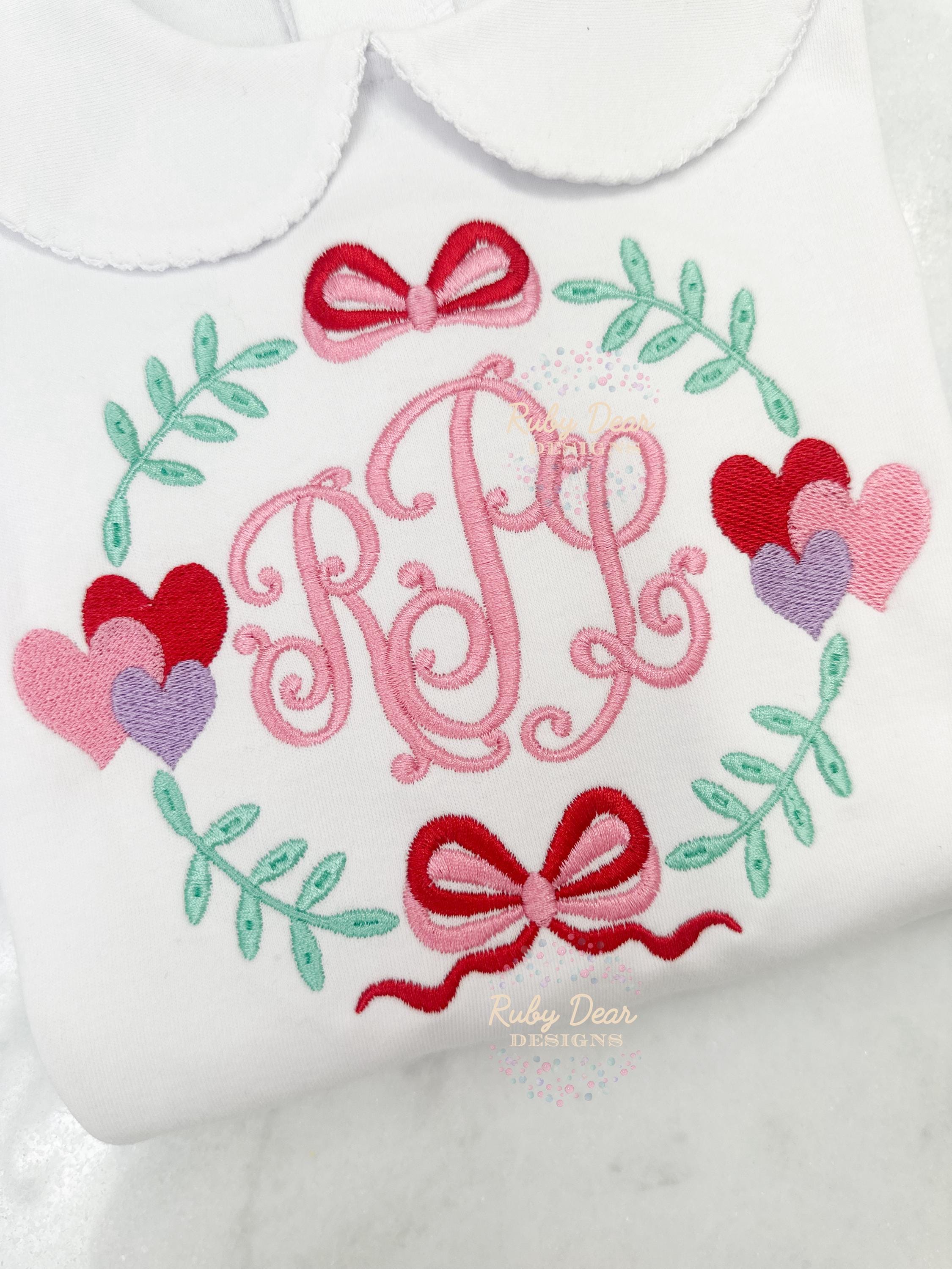 Heart Trio Laurel Monogram Frame Fill and Satin Stitch Machine Embroidery Design