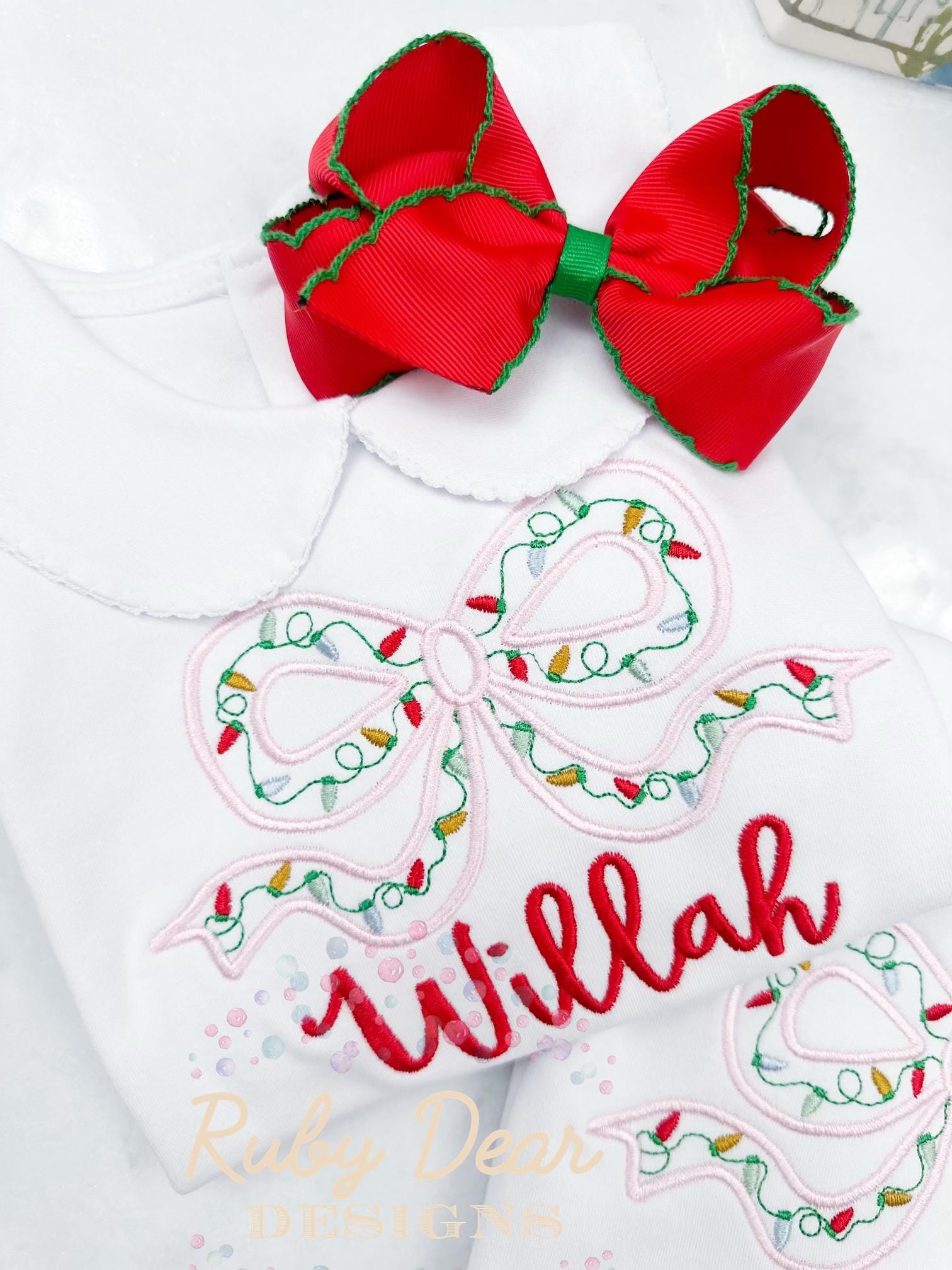 Christmas Lights Bow Satin Outline Machine Embroidery Design