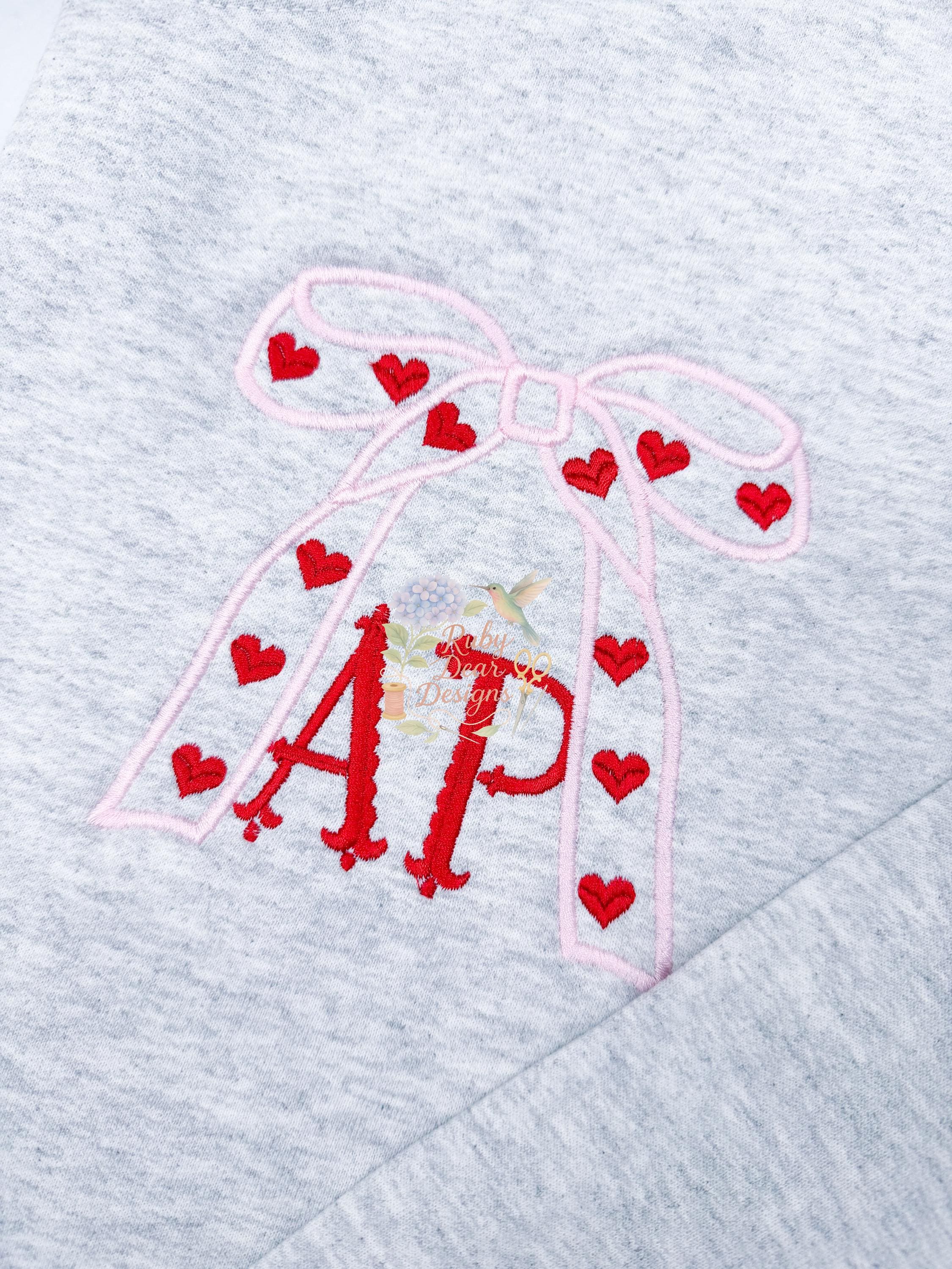 Valentines Long Bow Satin Outline Stitch Machine Embroidery Design